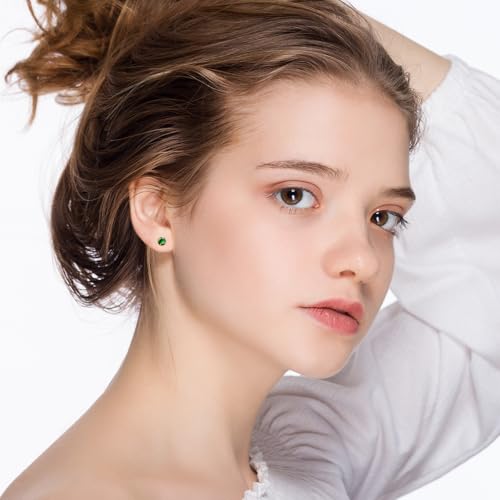 Detalle 2 de Weviway 5mm Emerald Green Stud Earrings – 925 Sterling Silver, 18K Gold Plated, Hypoallergenic