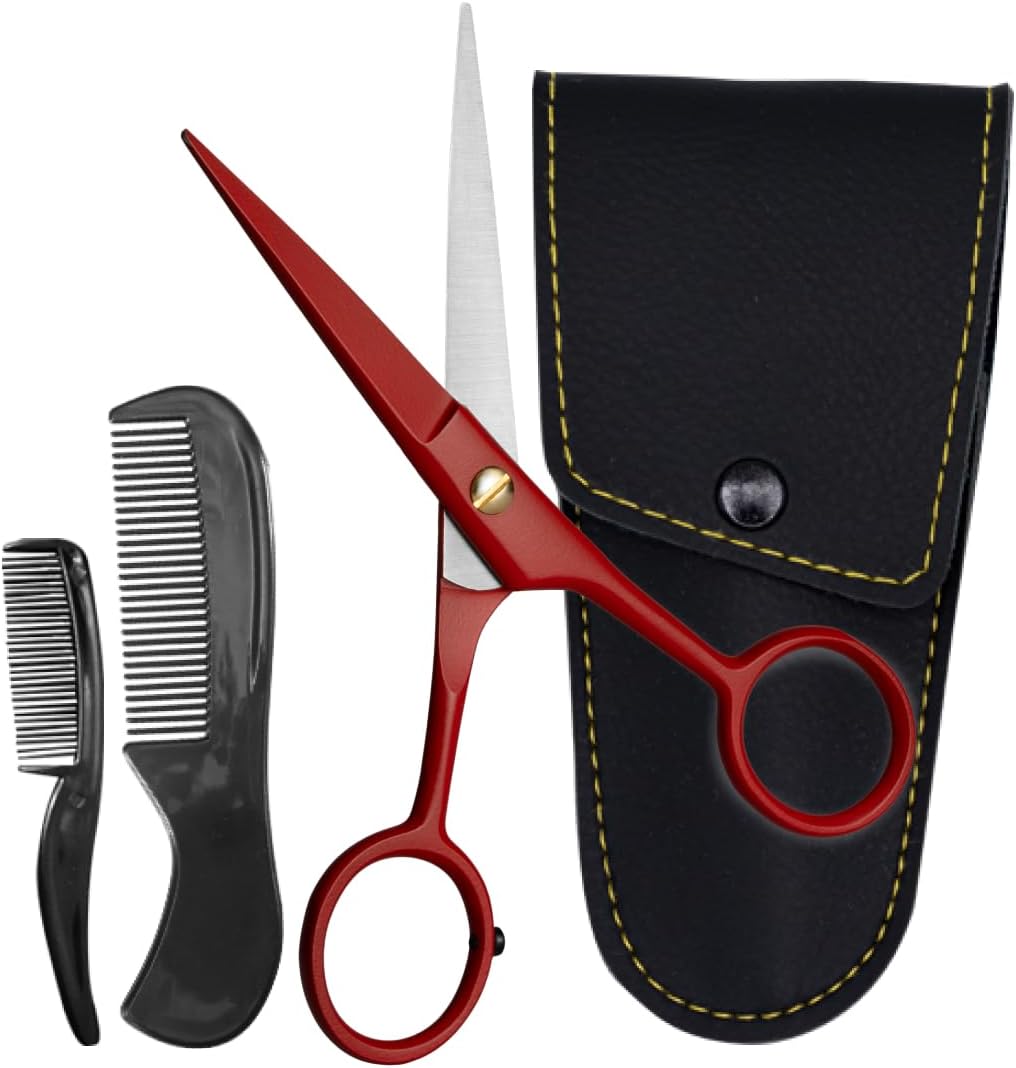 Ontaki 5" Beard & Moustache Scissors Grooming Kit with Comb Set and Carry Pouch