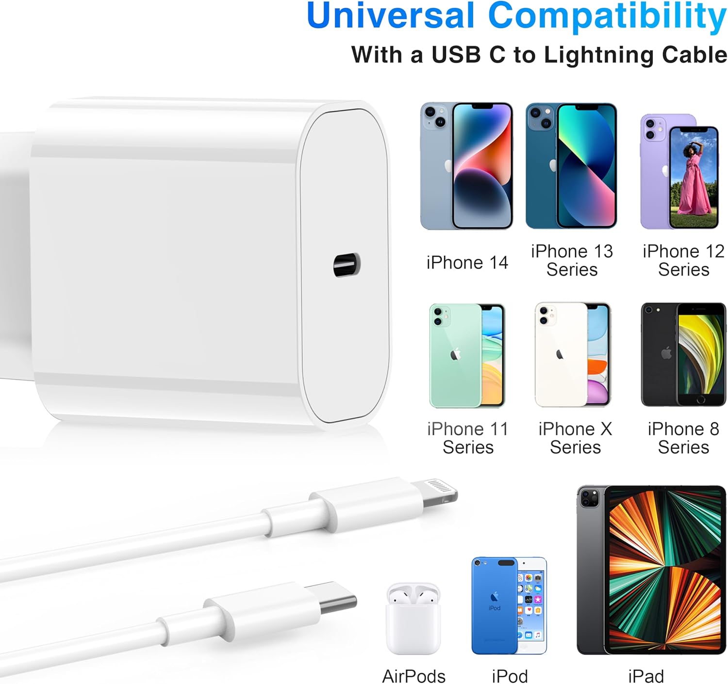 Detalle de iPhone Schnellladegerät mit 2 m USB-C Kabel und 20W Adapter – kompatibel mit iPhone 14/13/12/11 sowie iPad