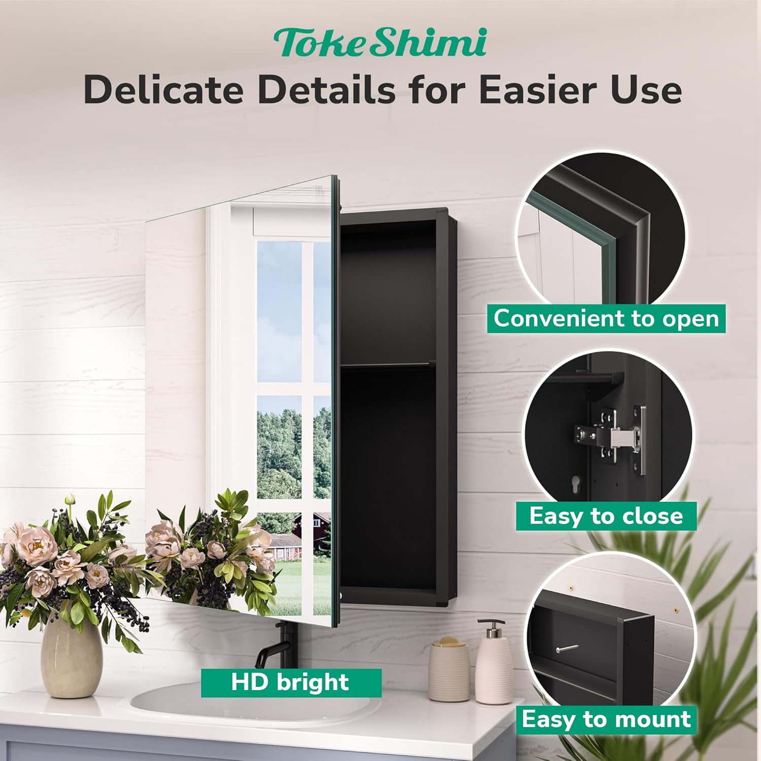 Thumbnail 6 de TokeShimi 14 x 18 Black Medicine Cabinet with Mirror — Aluminum, Wall Mounted or Recessed