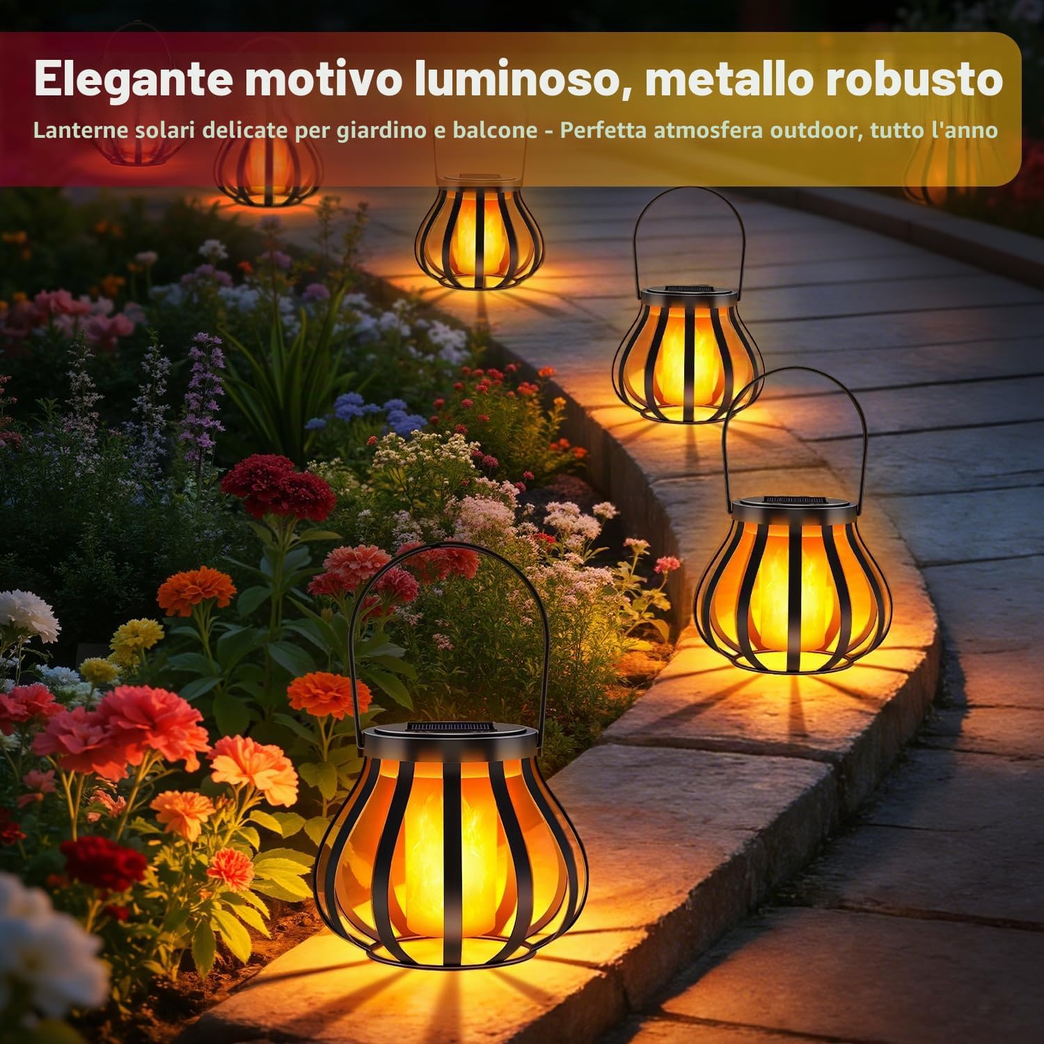 Detalle de 2 lanterne solari con effetto fiamma reale per esterni IP65 – senza gancio e base