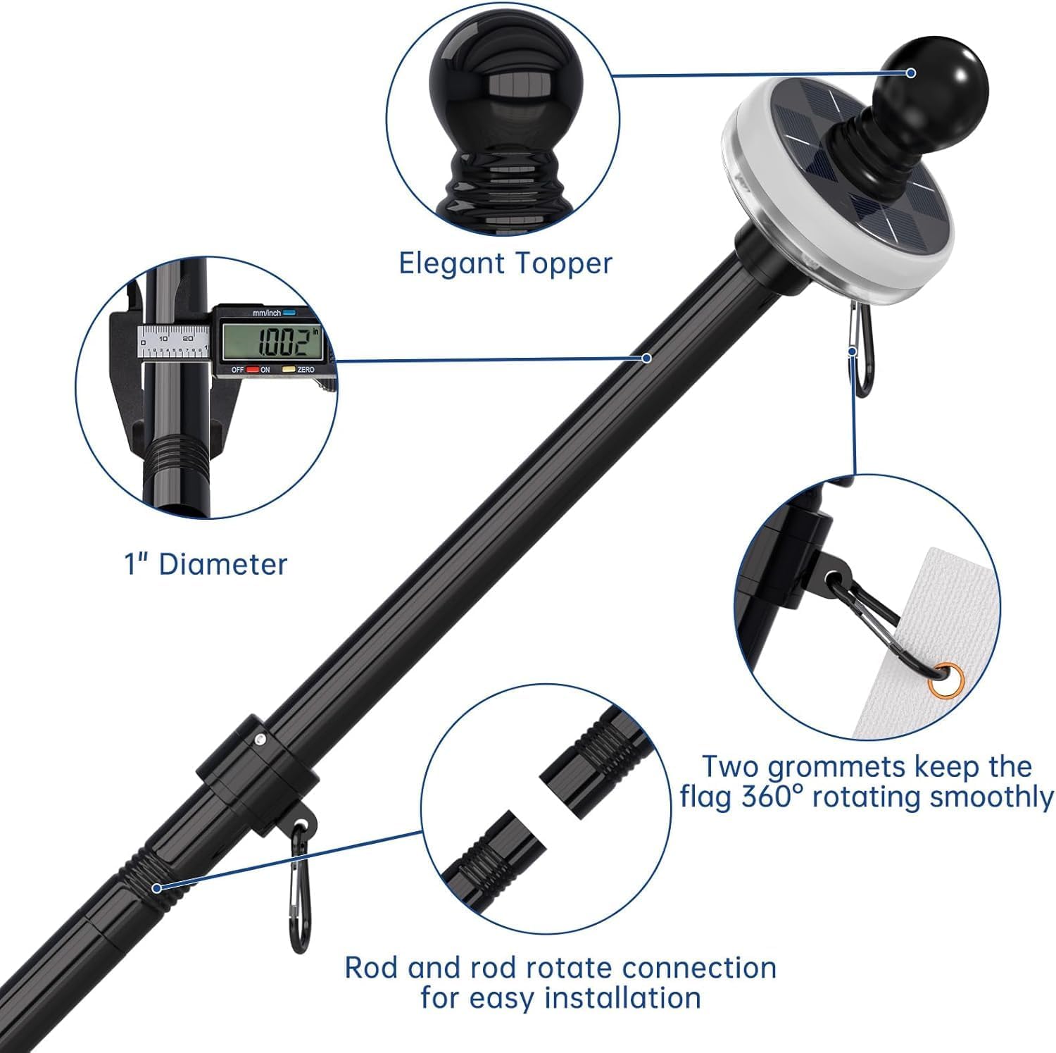Detalle de FIASON 5 FT Flagpole with Solar Light, Tangle-Free Rings and 2-Position Bracket