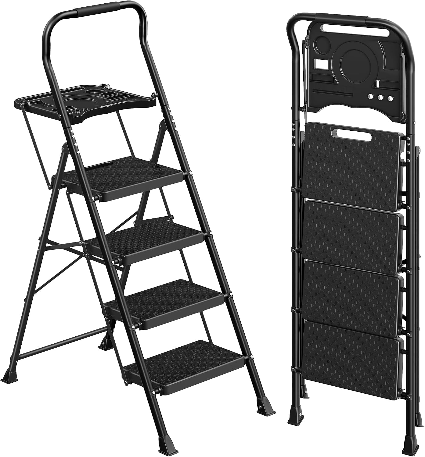 Detalle de SONGMICS GSL204BZ01 vouwladder met 4 treden, stalen frame en antislip