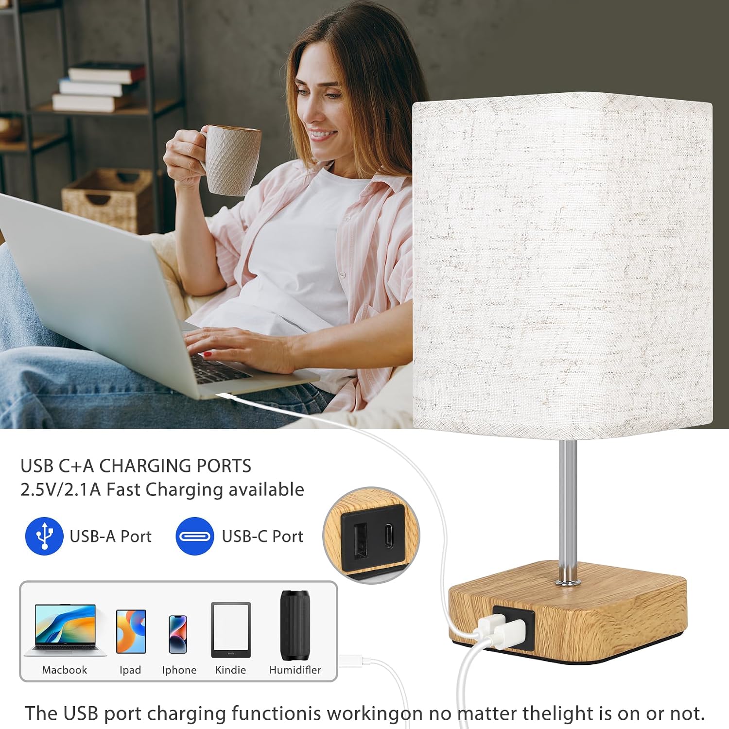 Detalle 2 de Touch Bedside Table Lamp with Dimmable Touch Control and USB Ports (Beige Linen Shade, Wood Base)