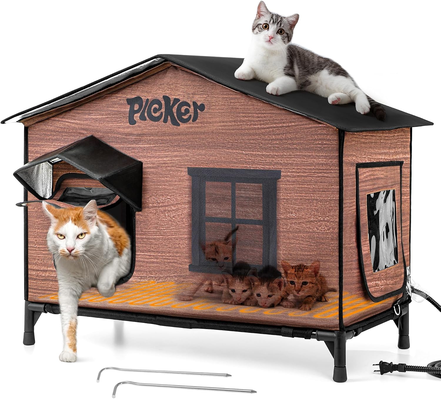 Detalle de PLEKER PL-PET01 Heated Outdoor Cat House, Insulated 31.5-Inch Shelter with Heating Pad