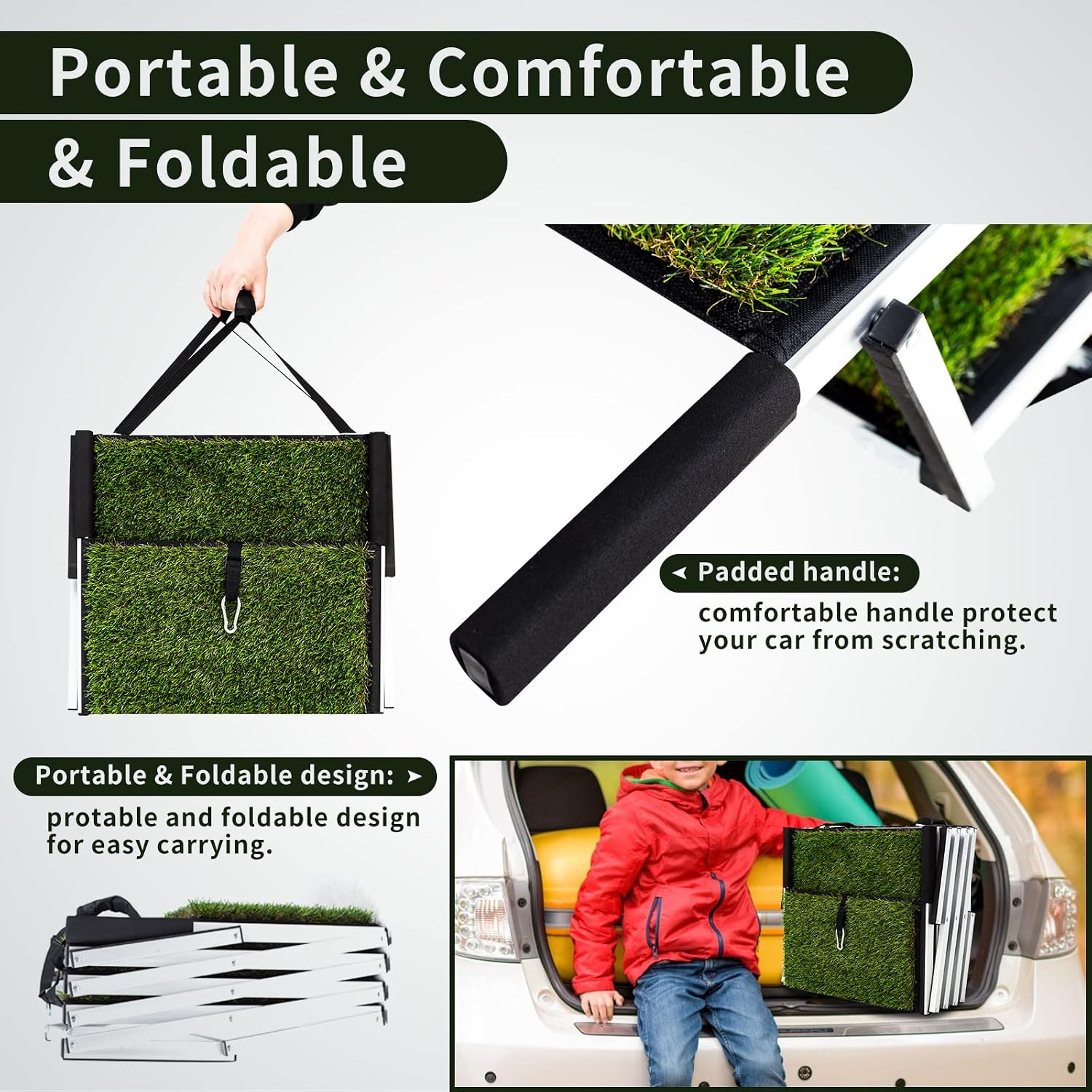 Detalle de Extra Wide Dog Car Stairs for Large Dogs — Lightweight Foldable Aluminium Ramp (125kg) with Nonslip Grass Surface