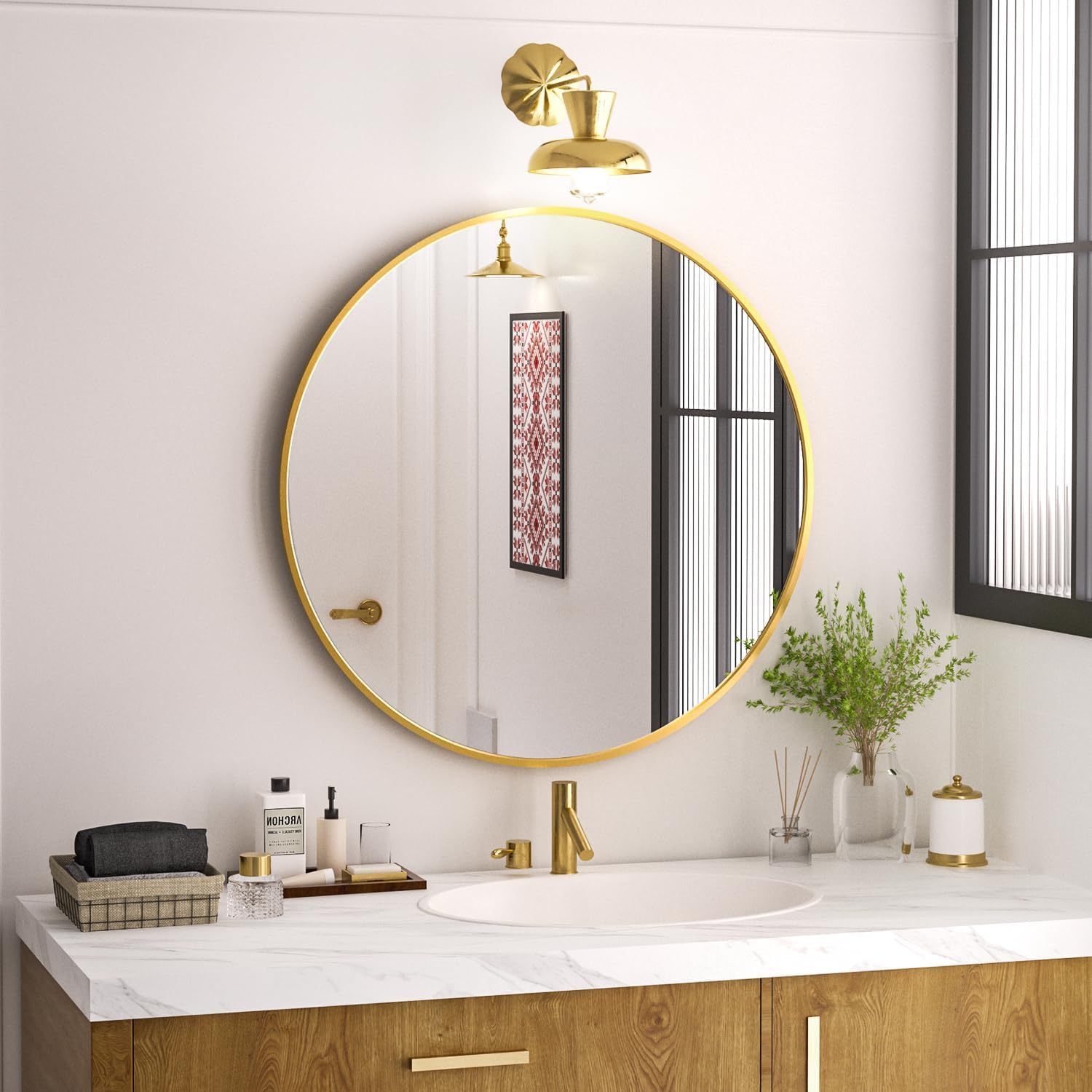 Detalle de Antok Spiegel Rund 62 cm in Gold – dekorativer Wandspiegel mit Aluminiumrahmen für Bad, Flur & Wohnzimmer