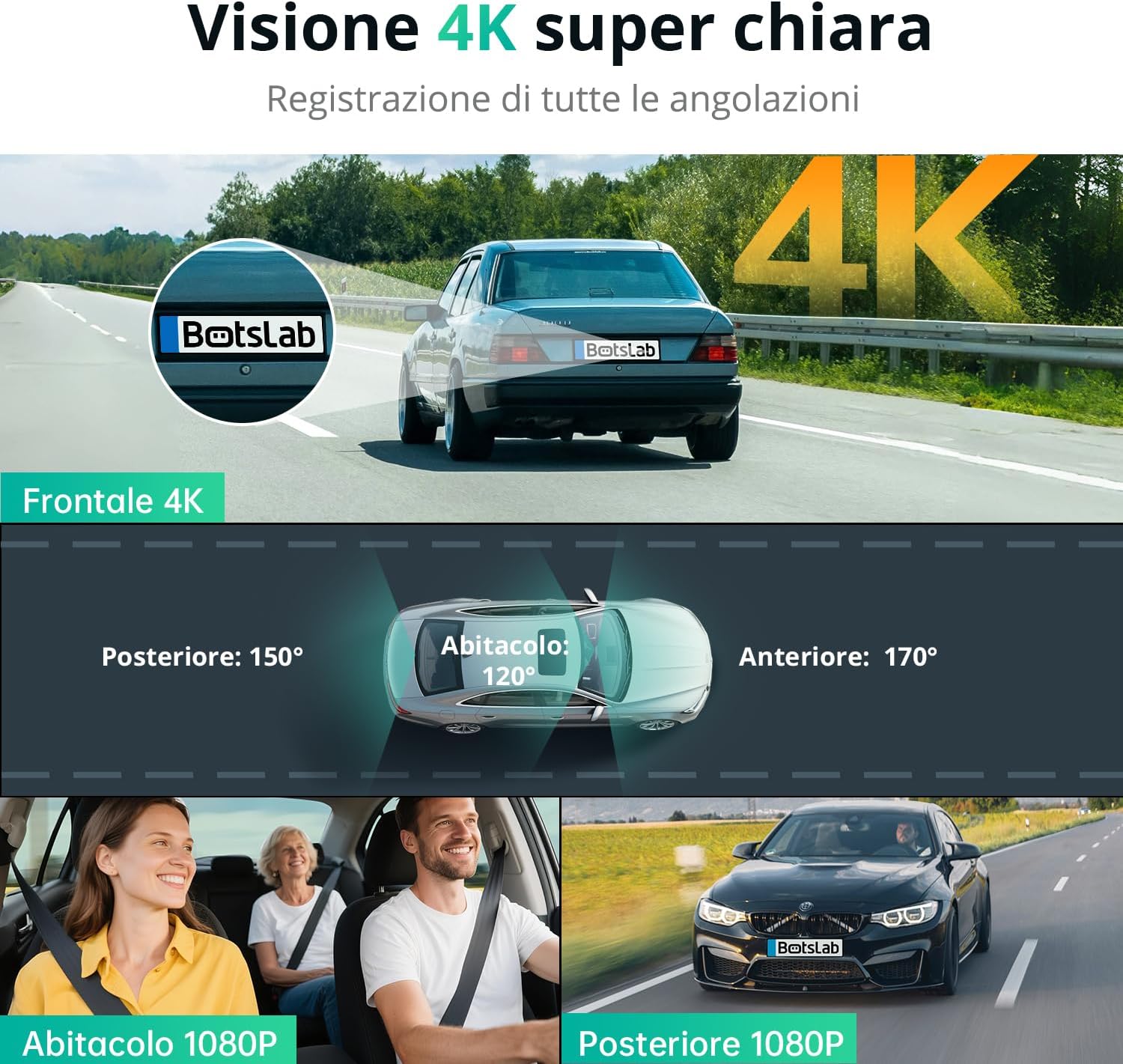 Detalle 2 de BOTSLAB 3 Canali 4K Dash Cam Interna Anteriore e Posteriore con Controllo Vocale, Touch Screen 3,18" e Scheda 128 GB
