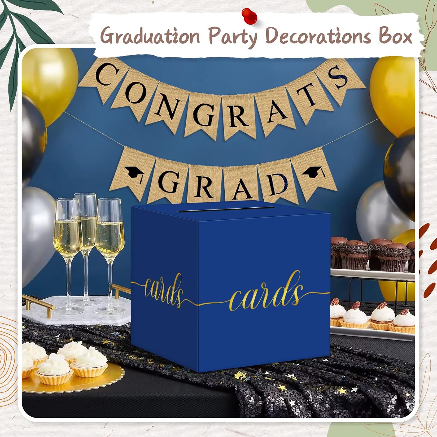 Thumbnail 1 de QIKSION Blue Graduation Card Box with Gold Foil – Large, Foldable Gift Card Box for Graduation, Wedding, Parties