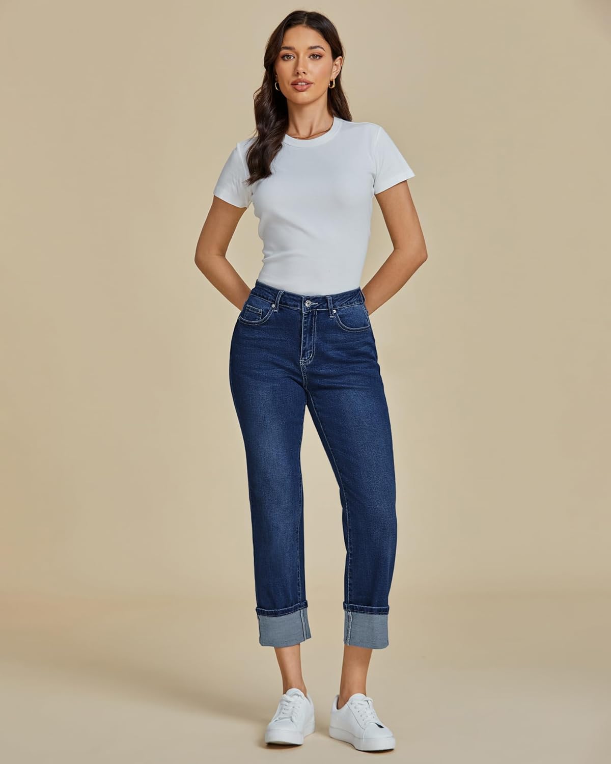 Thumbnail 4 de luvamia Straight Leg Jeans for Women – Cropped High-Waisted with Cuffed Hem and Stretchy Comfort