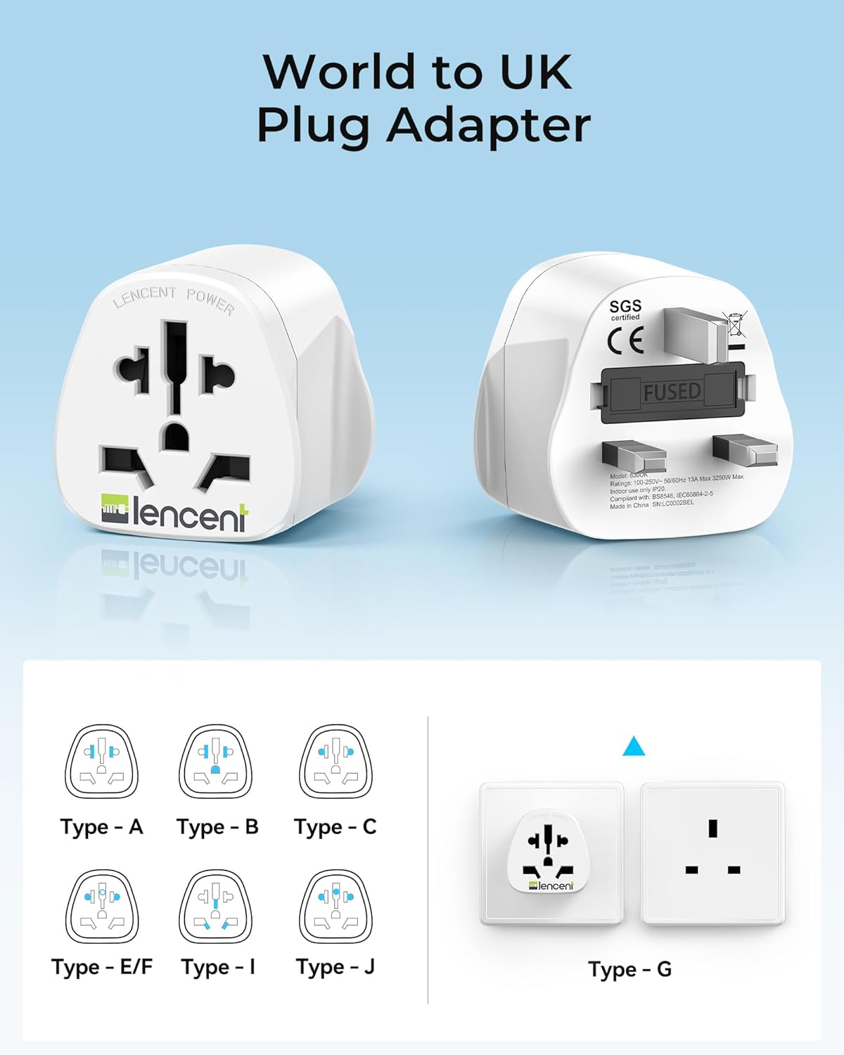 Thumbnail 1 de LENCENT 2Pcs World to UK Travel Adapter (Universal to Type G plug)