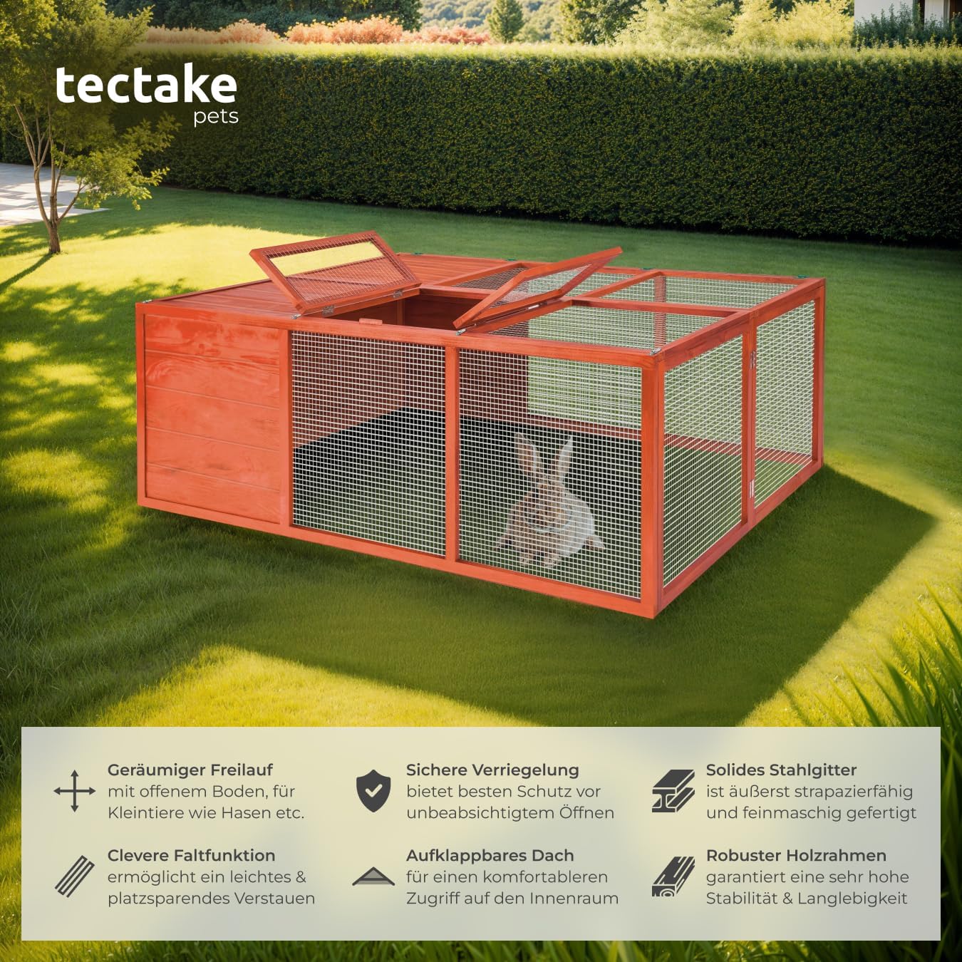 Detalle de tectake Hasenstall faltbar Holz mit Dachöffnung – Freigehege für Kaninchen & Meerschweinchen 150x103x53 cm