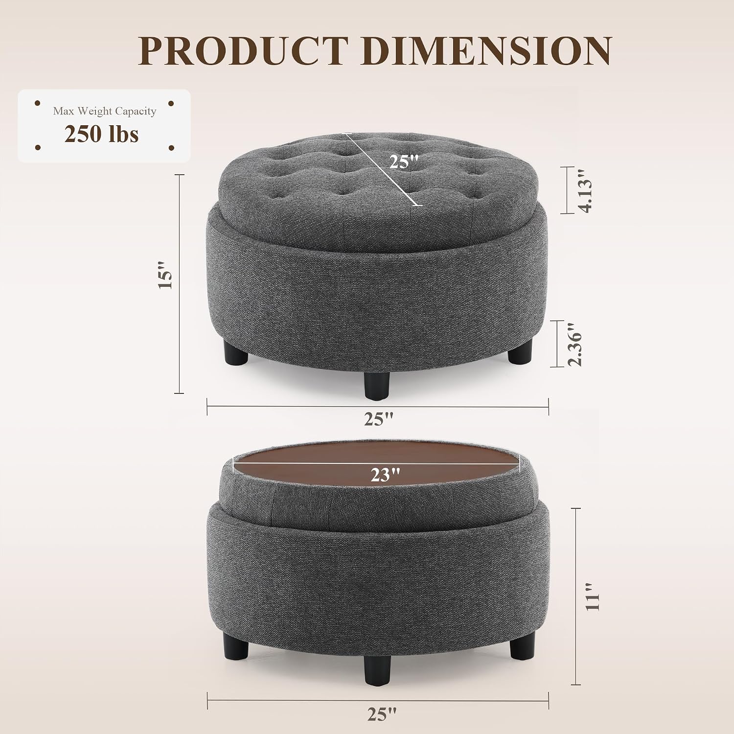 Thumbnail 1 de COLAMY VC-K311-DGY-FB Round Storage Ottoman with Reversible Tray Lid, Dark Grey