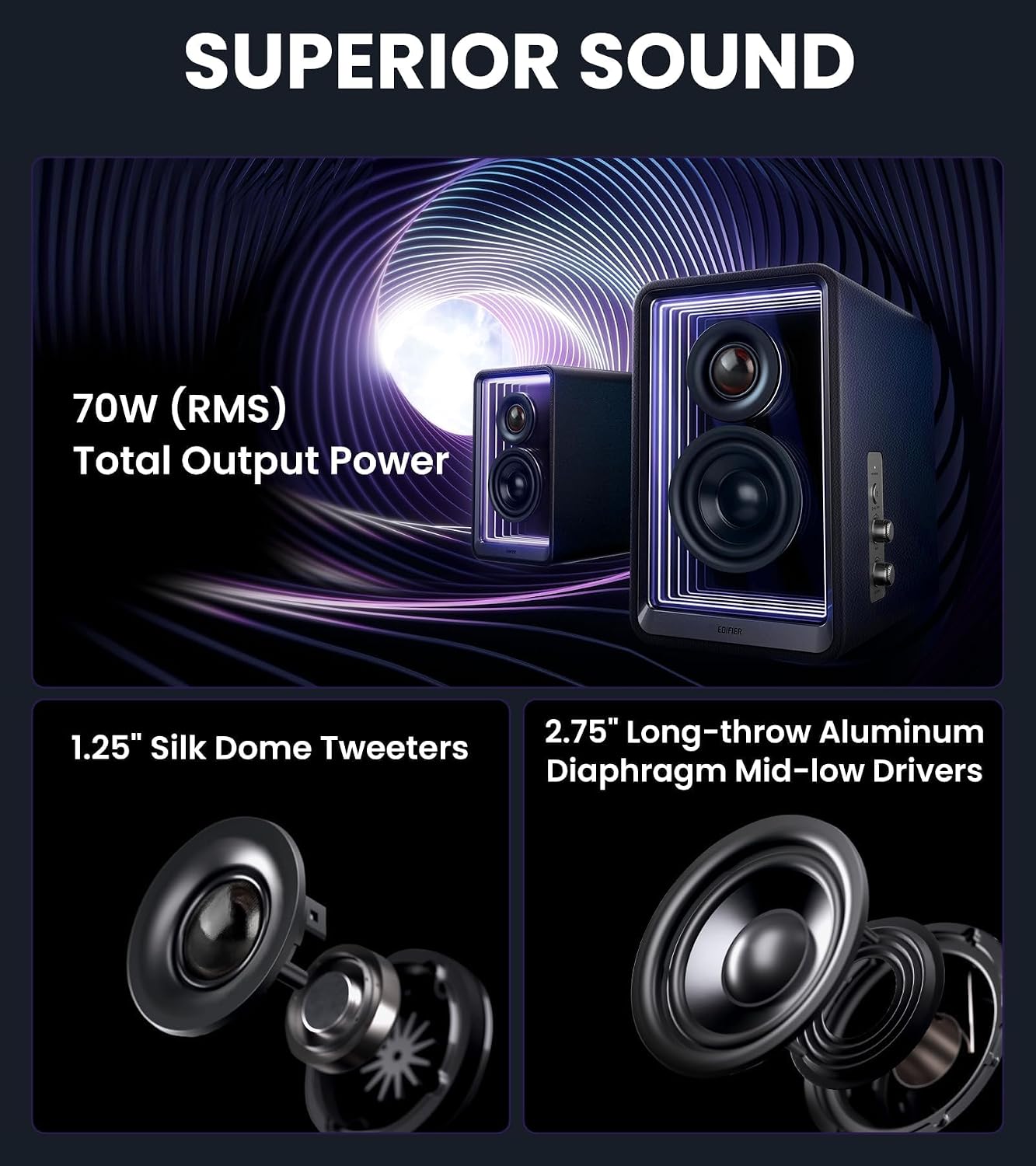 Thumbnail 1 de Edifier QR65 desktop active monitor speakers with 2.75-inch long-throw drivers, Bluetooth and built-in lighting (Black)
