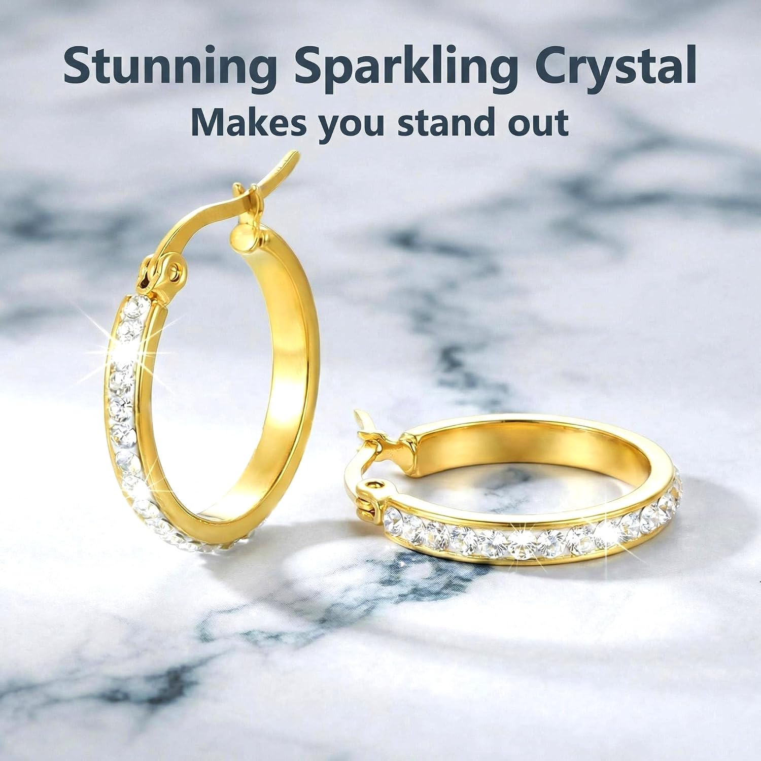 Detalle de Yumay 9CT Gold Filled Hoop Earrings with White Crystals, 20mm – Gentle on skin, versatile for everyday wear