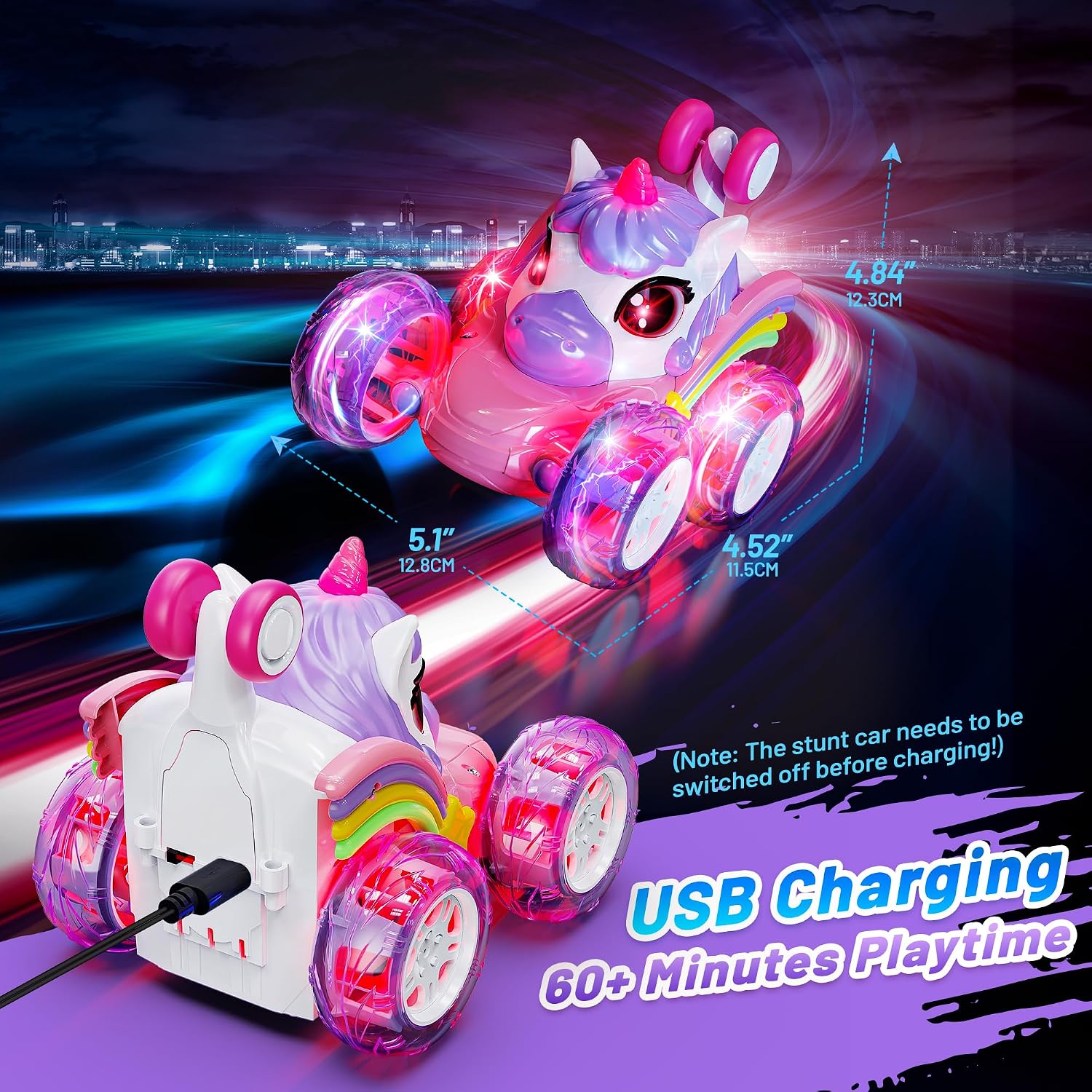 Thumbnail 4 de Hot Bee Unicorn RC Car: LED-Illuminated Stunt Toy for Kids Aged 3+