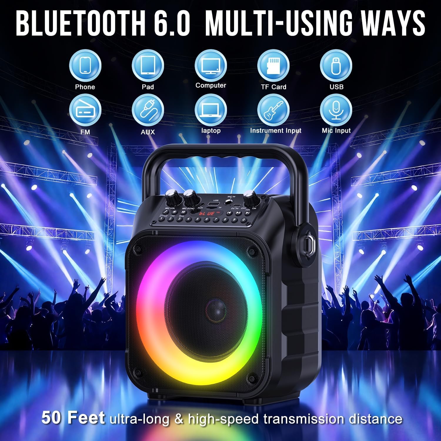 Detalle 2 de voijump K303-N Portable Karaoke Machine with Bluetooth, LED Lights and 2 Wireless Microphones