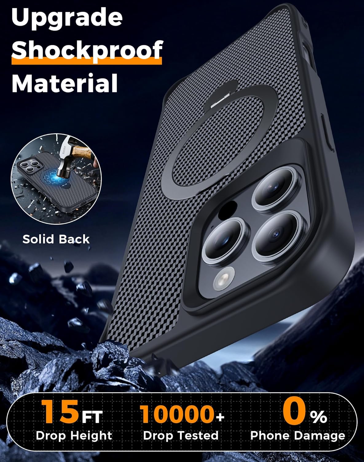 Detalle de Enlafavo 360° Magnetic Stand Case for iPhone 16 Pro Max — Carbon Fiber, 15ft Military Protection
