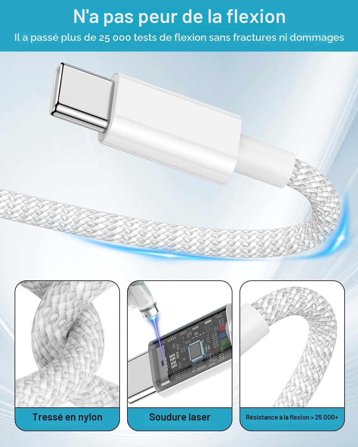 Detalle 2 de Chargeur USB-C 25W rapide avec câble 3 m (USB-C vers USB-C) pour iPhone/iPad et plus