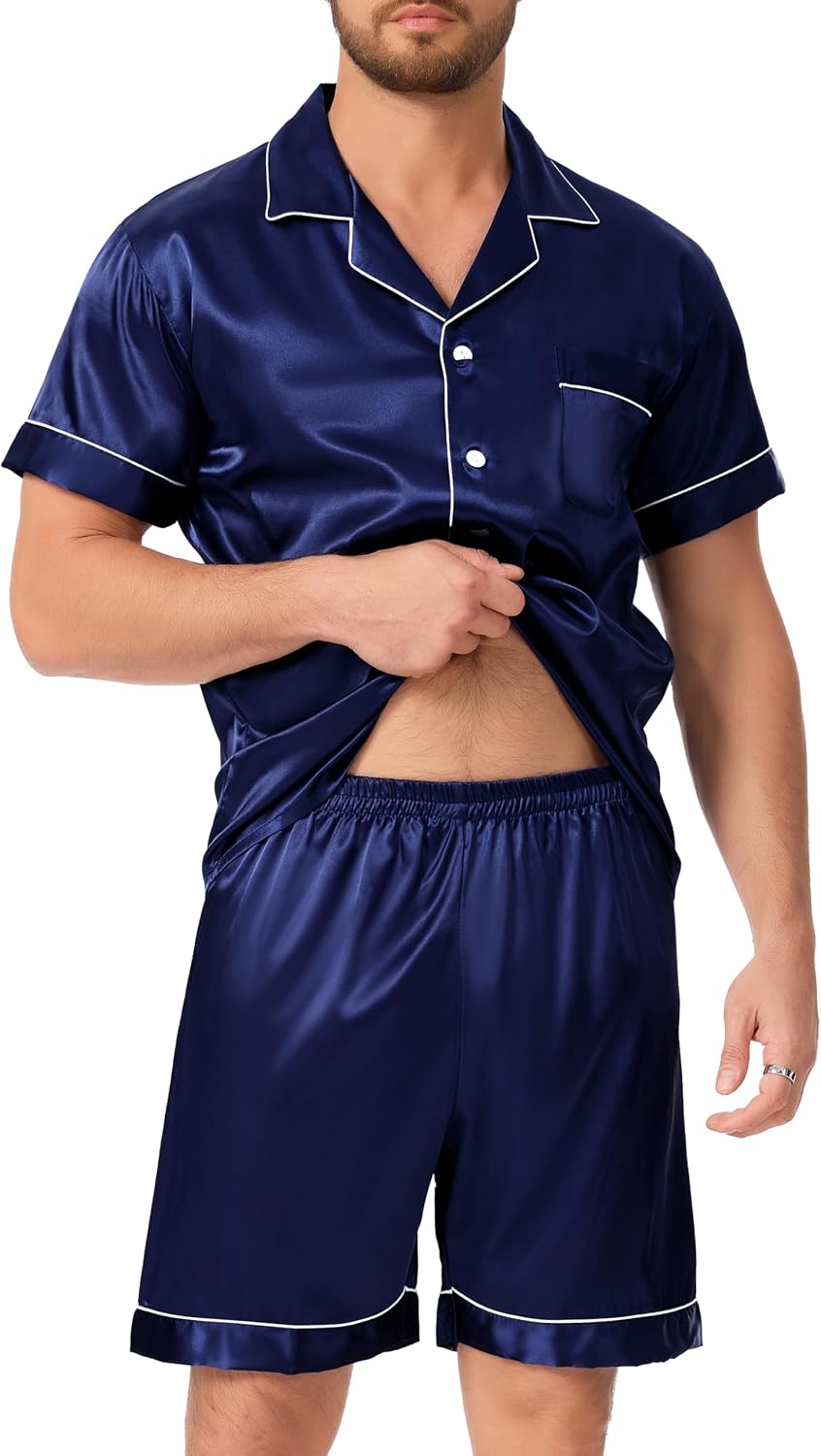 Thumbnail 1 de Lovasy Mens Pyjamas Set 2 Piece Silk Satin PJS — Short Sleeve Button-Down