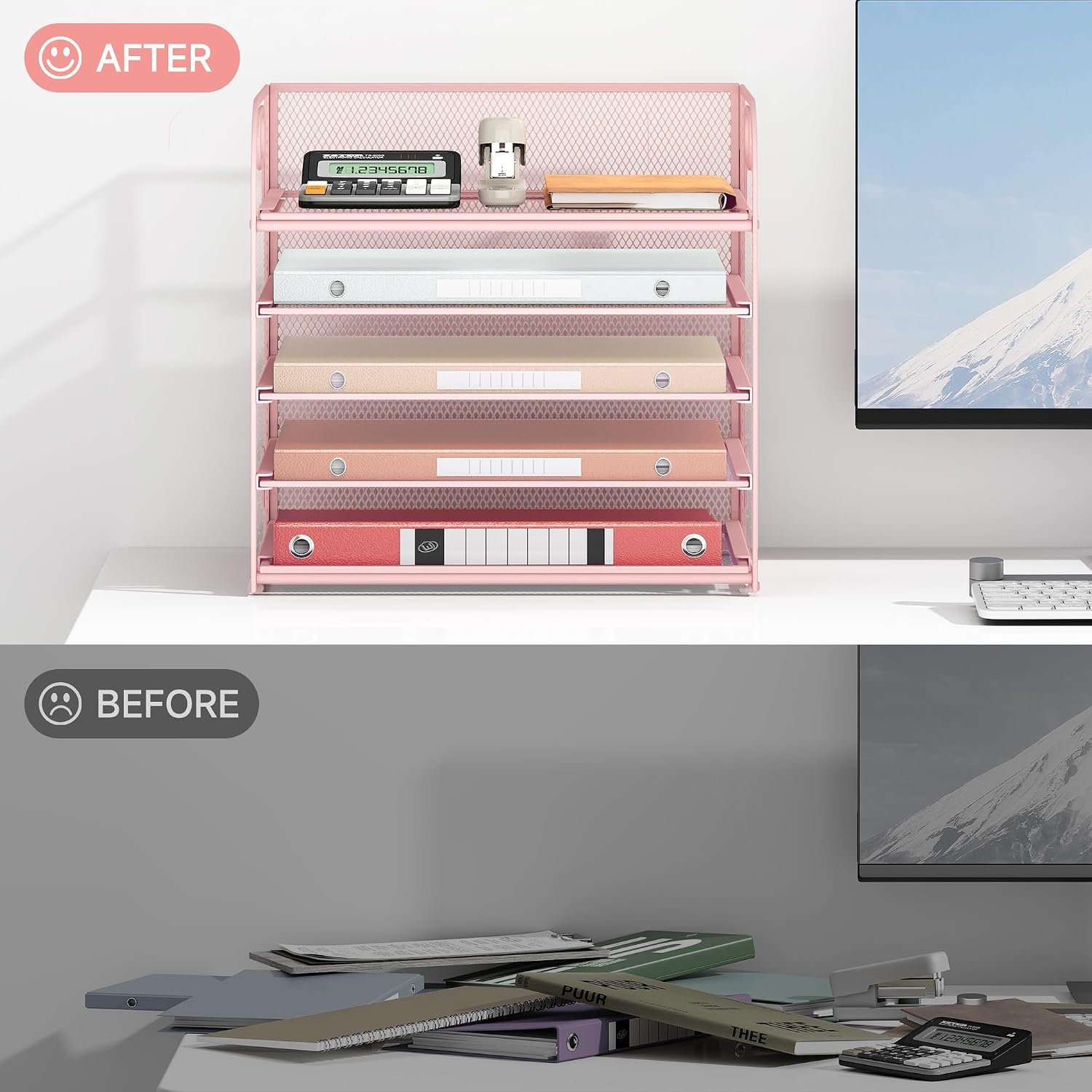 Detalle 2 de SUBEKYU 5-Tier Metal Mesh Desk Organizer with Handle, Sliding Letter Tray, Pink