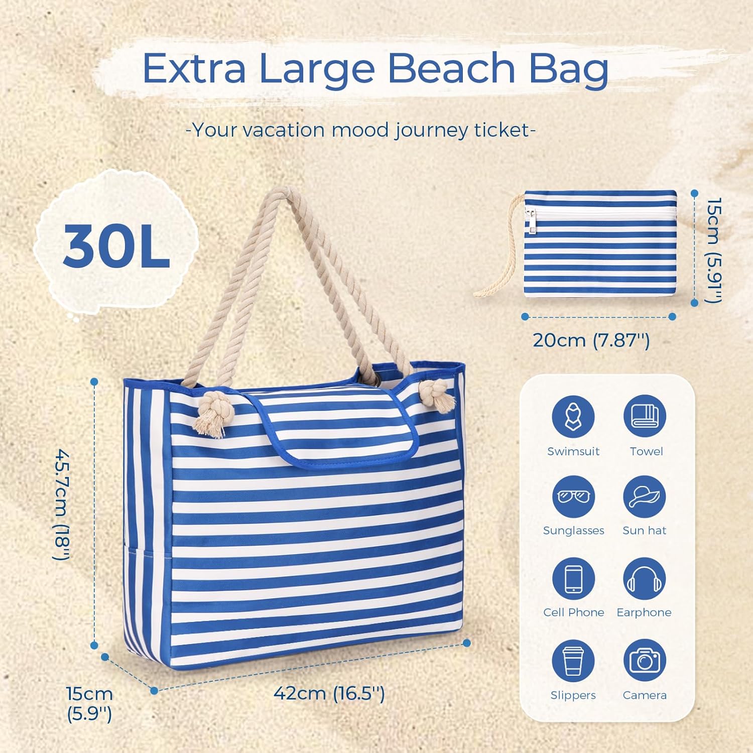 Detalle 2 de Laxee Large Beach Bag for Women: Waterproof 30L Tote with Cosmetic Bag and Extra Pockets