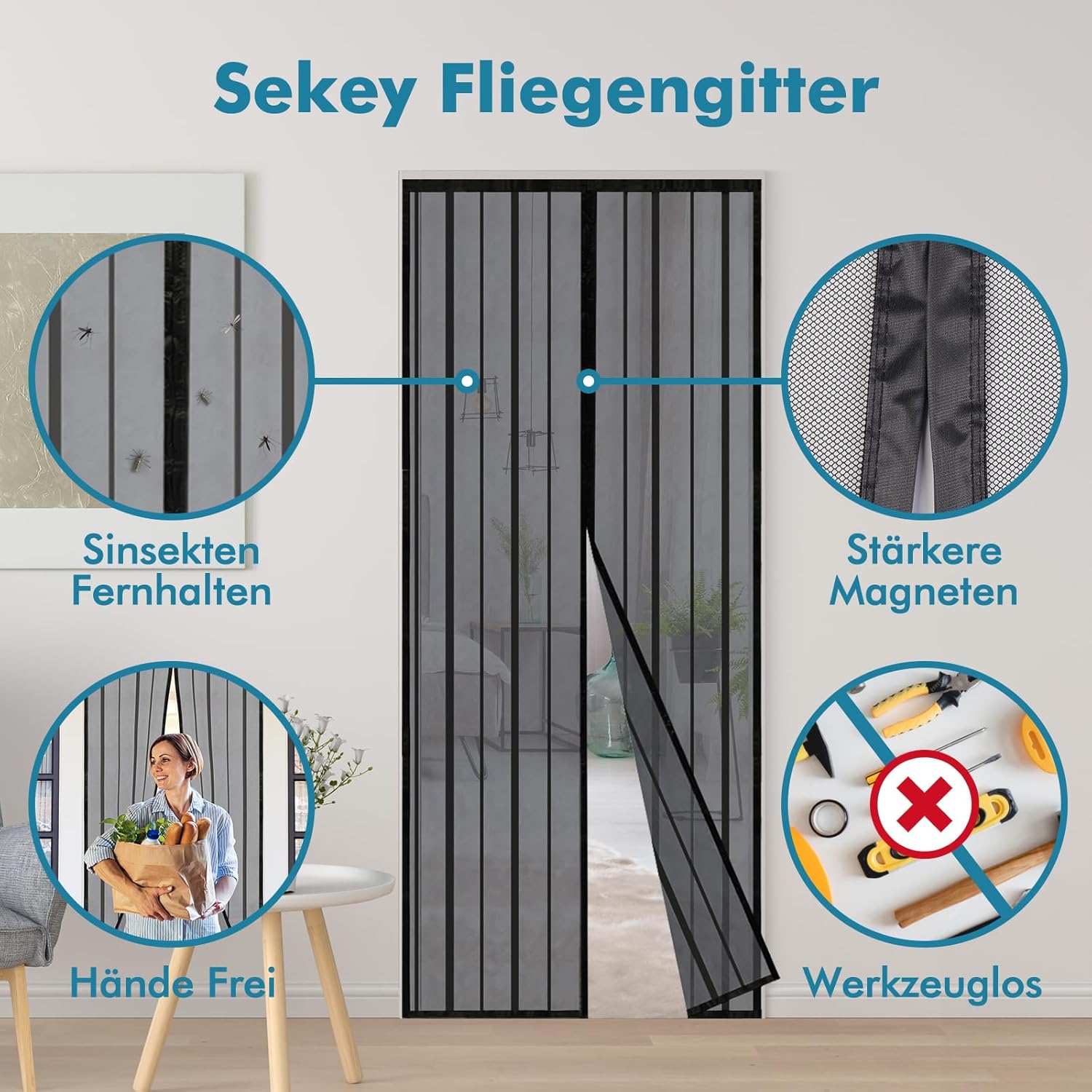 Thumbnail 1 de Sekey Magnet Fliegengitter Balkontür ohne Bohren – Türvorhang für Schiebetür, 150×230 cm, Schwarz