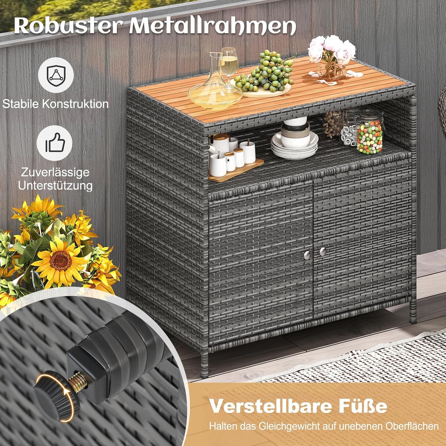 Detalle de COSTWAY Gartenschrank Rattan: Terrassenschrank mit Akazienholz-Arbeitsplatte, 90 x 53 x 86 cm, Grau