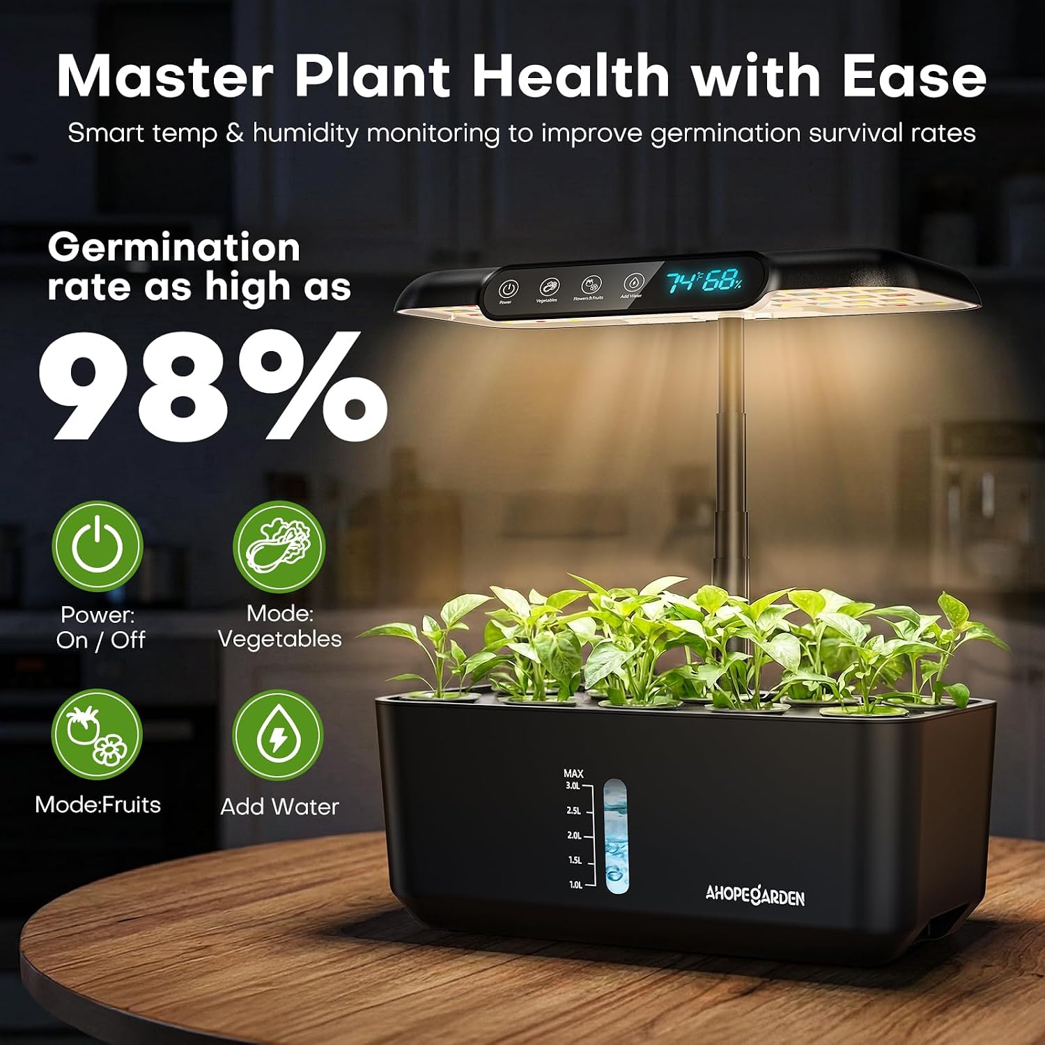 Detalle de Ahopegarden HSXC2 Hydroponic Growing System, 10 Pods, LCD and LED Grow Light