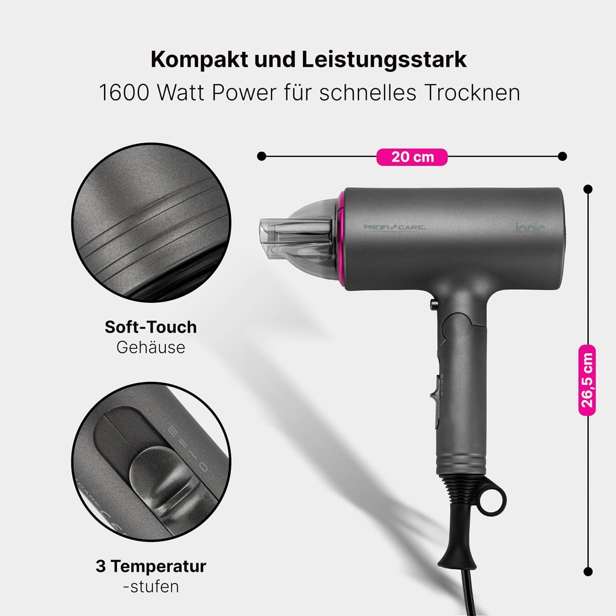 Thumbnail 1 de ProfiCare Haartrockner klappbar 1600W – kompakter Reiseföhn, pink (PC-HT 3073)