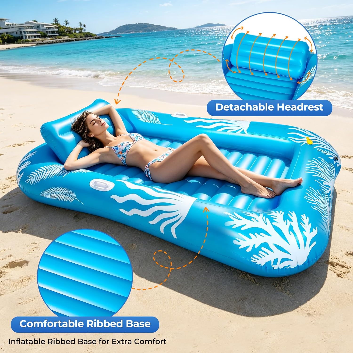Detalle de Inflatable Tanning Pool Lounger Float with Sprinkler — 6-in-1 Suntan Tub Raft for Adults (71" x 47.3"), Drink Holder & Pillow