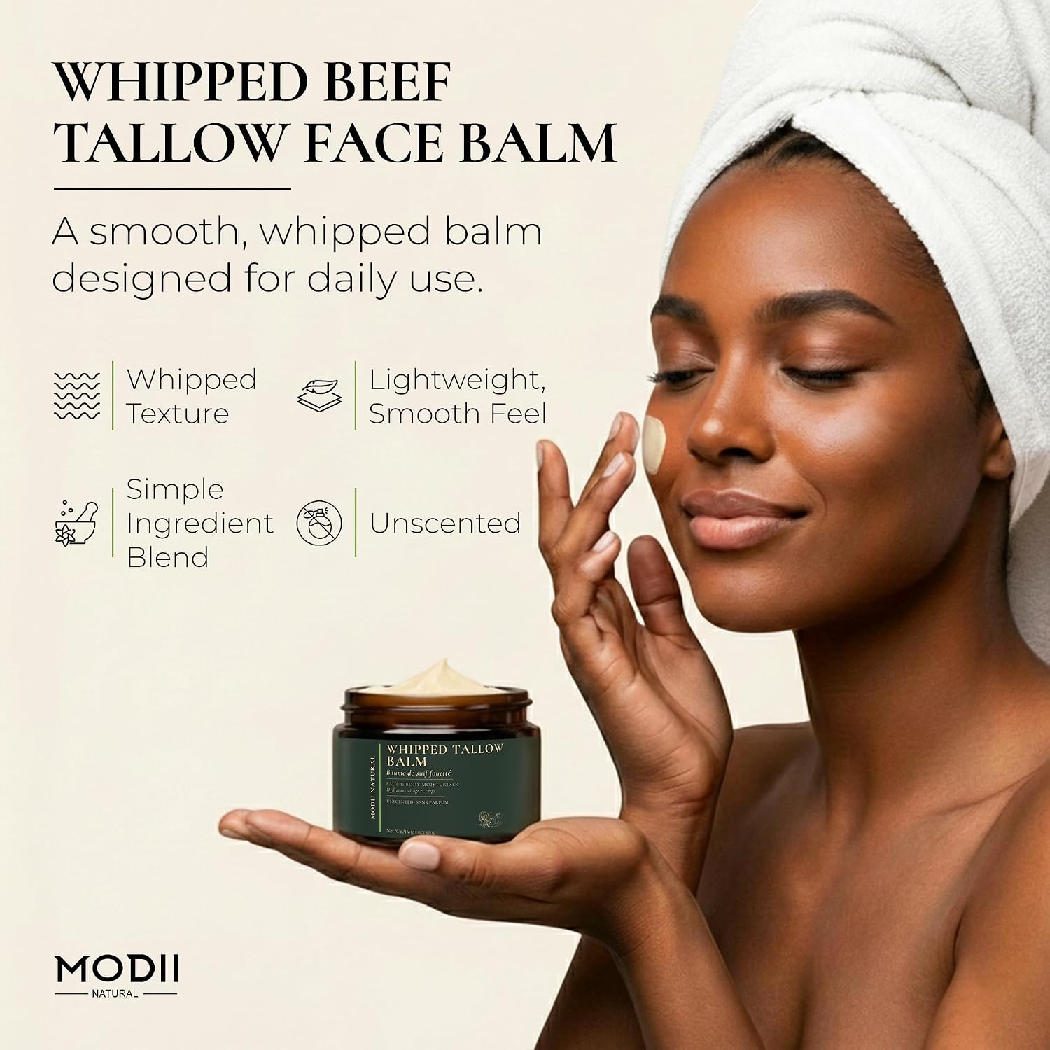 Detalle de Modii Natural Whipped Beef Tallow Moisturizer, Unscented Balm, 120ml/4oz