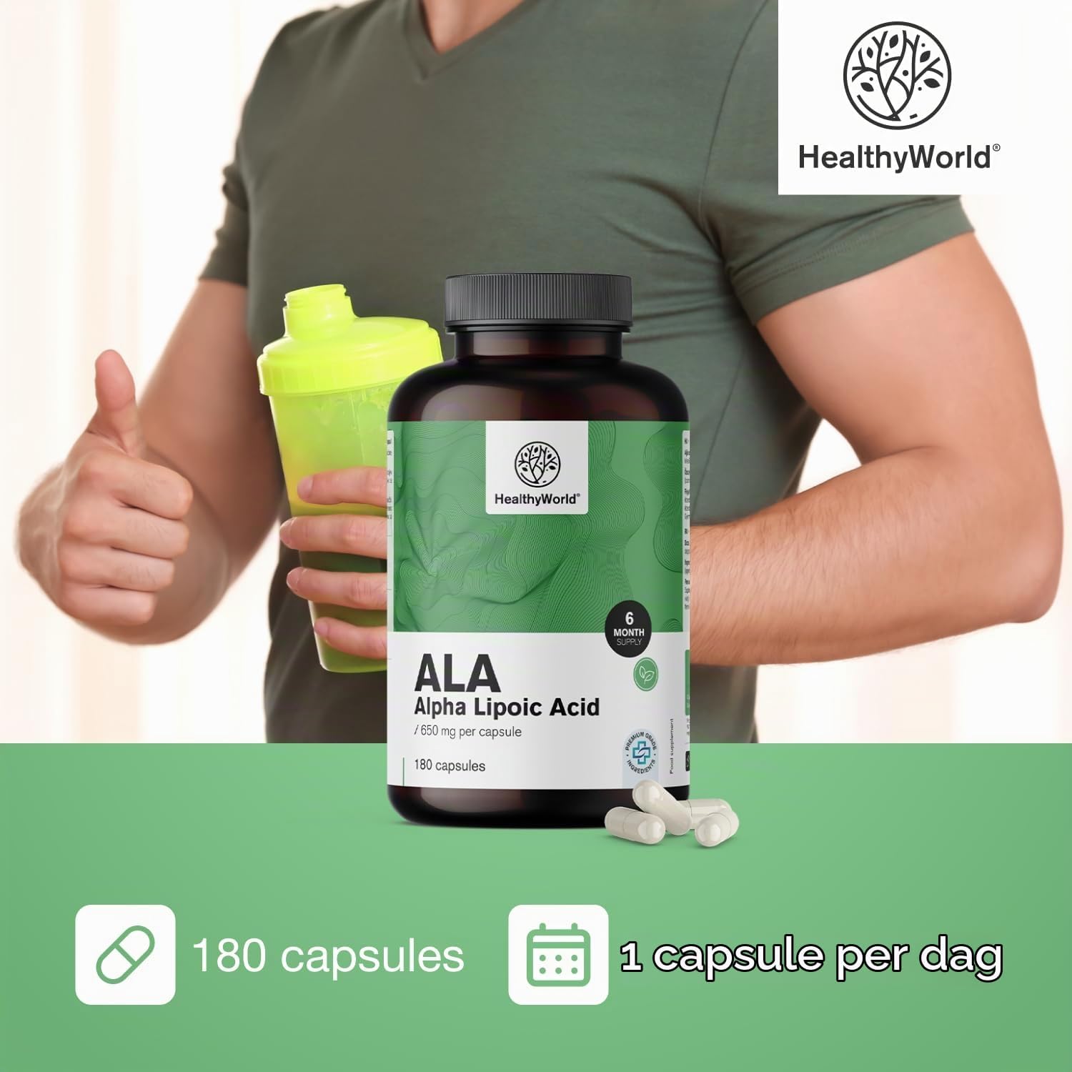 Detalle de HealthyWorld ALA 650 mg alfa-liponzuur, 180 plantaardige capsules