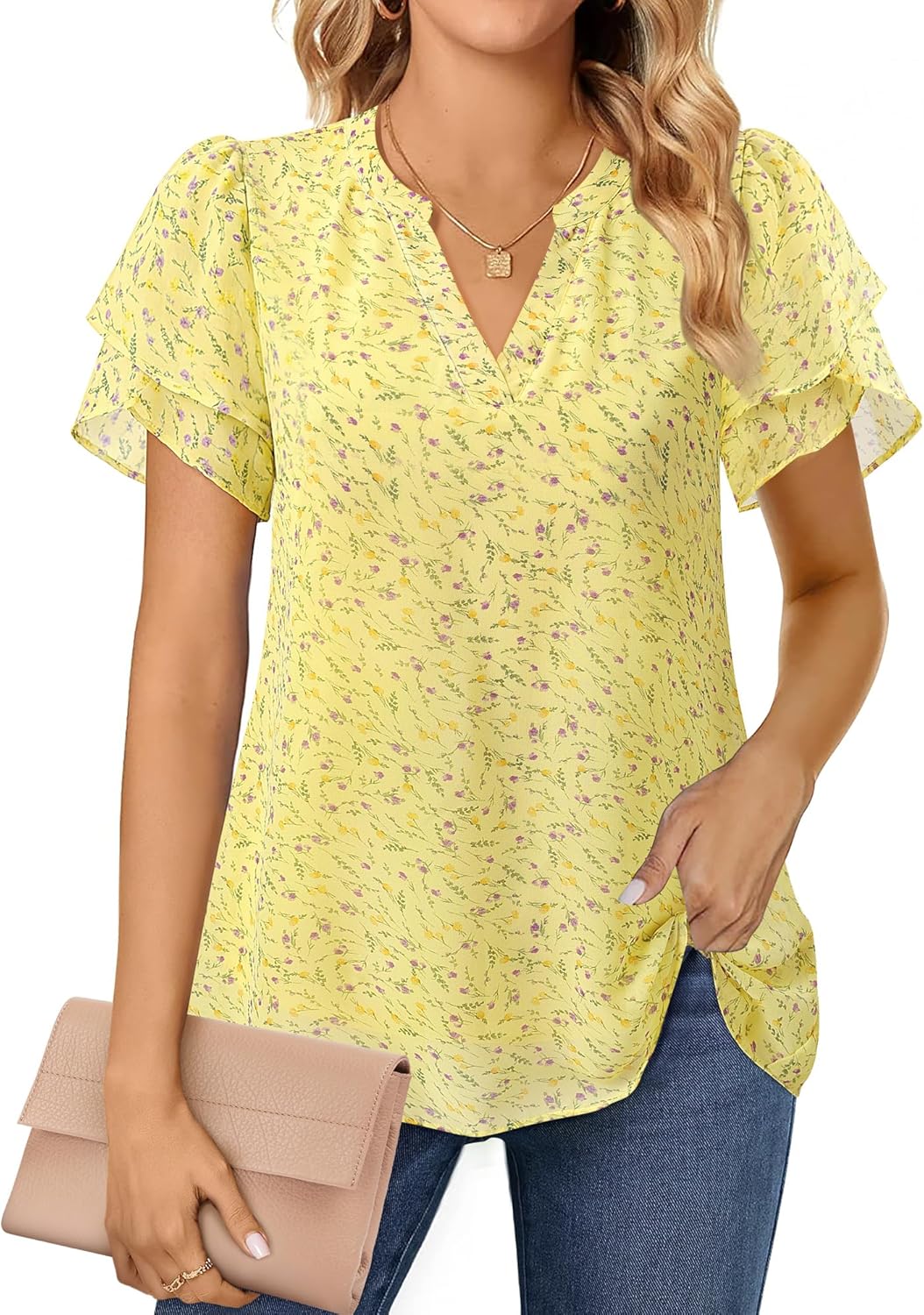 Thumbnail 1 de Lotusmile Womens Dressy Chiffon Blouses Summer Puff Petal Short Sleeve V Neck Top