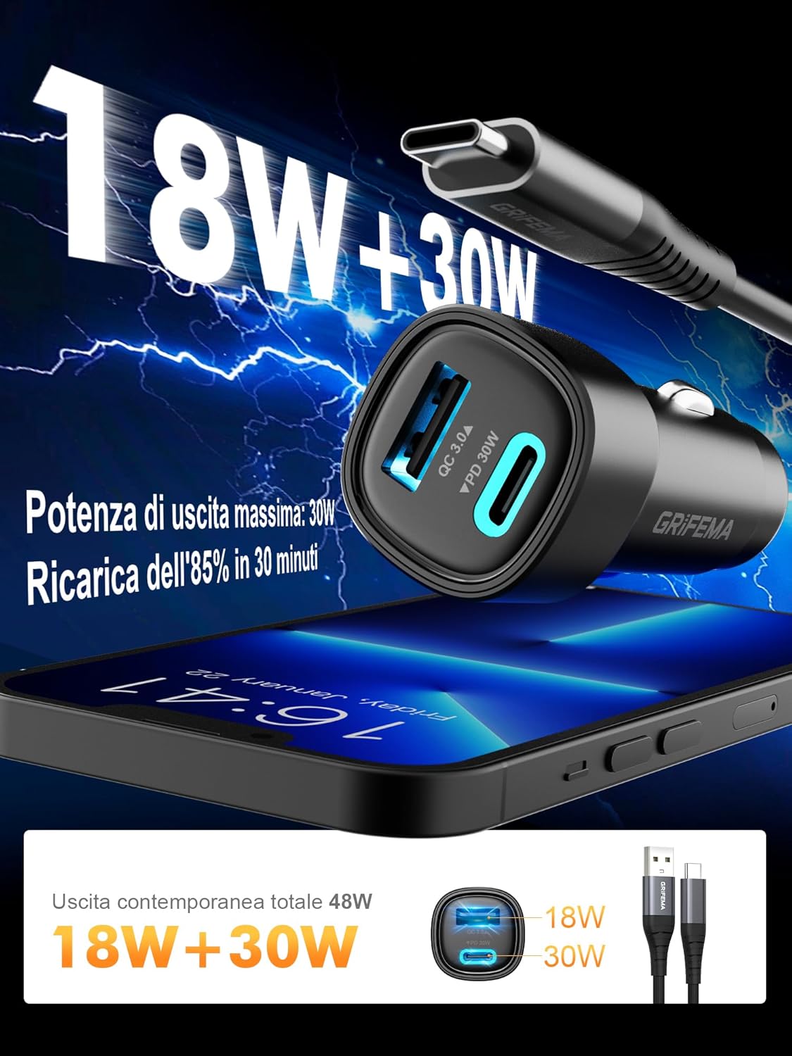 Thumbnail 3 de GRIFEMA caricatore auto USB-C 48W con doppia porta (PD 30W + QC 3.0 18W)