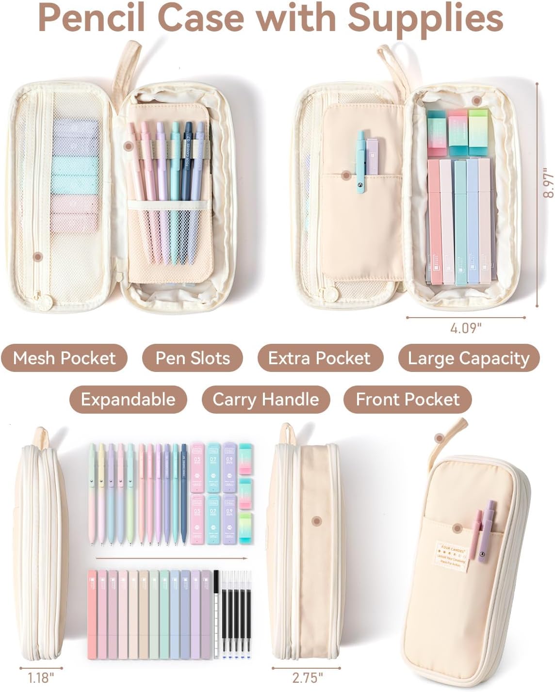 Detalle de Four Candies 39-teiliges Schulset mit Mäppchen (Creme) – Pastell-Textmarker, Gelstifte und Druckbleistifte
