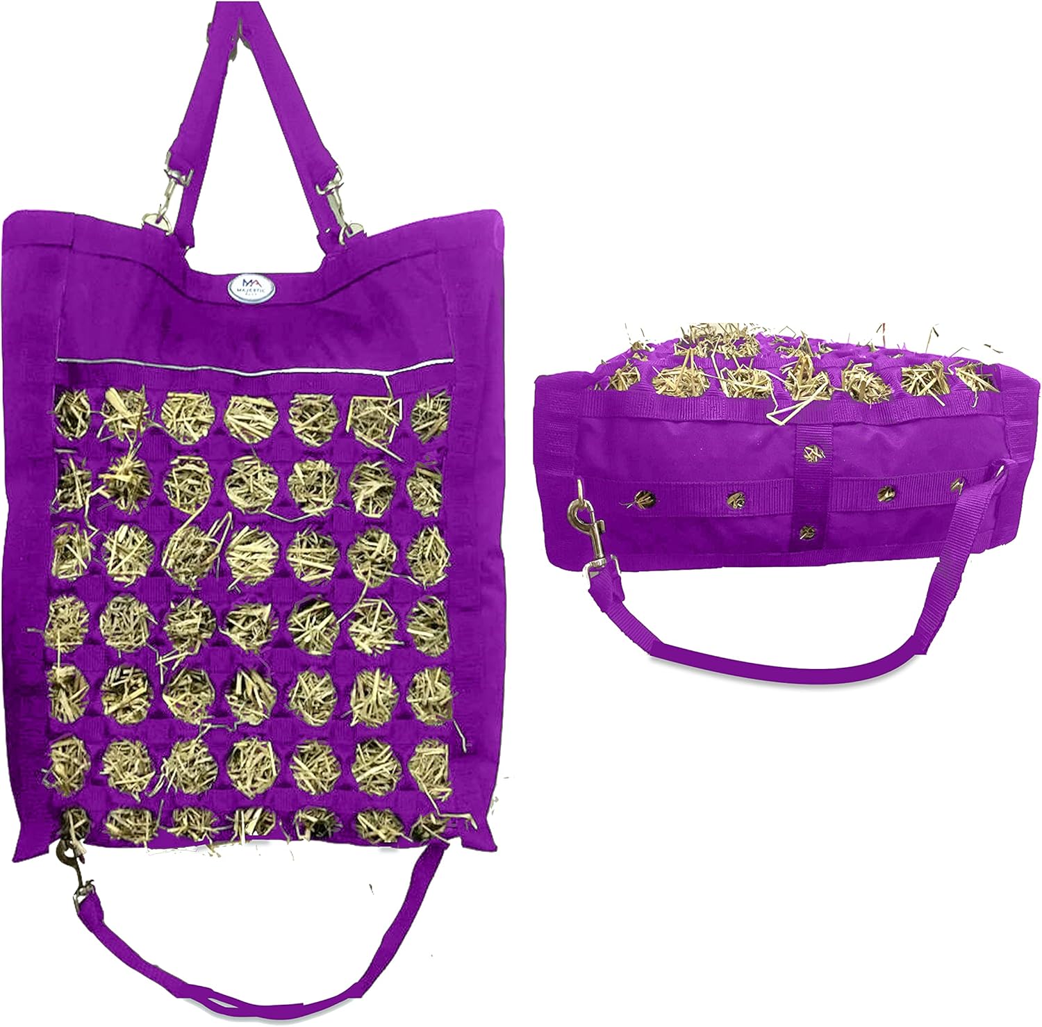 Detalle de Majestic Ally Nylon Reflective 2.5" Octagon Hole Slow Feed Hay Bag for Horses (Purple)