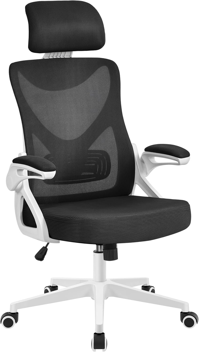 Detalle de Yaheetech Bürostuhl Ergonomisch – Hochklappbare Armlehnen, Kopfstütze, 136 kg belastbar, Weiß/Schwarz