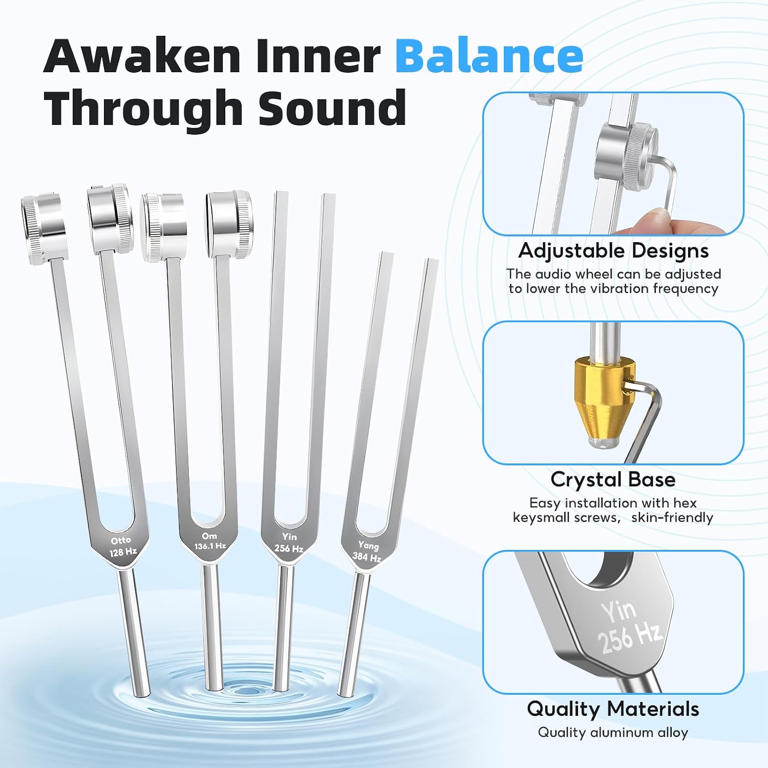 Detalle de Tuning Forks for Healing: 128Hz, 136Hz, 256Hz, 384Hz Set for Meditation, Yoga & Chakra Therapy