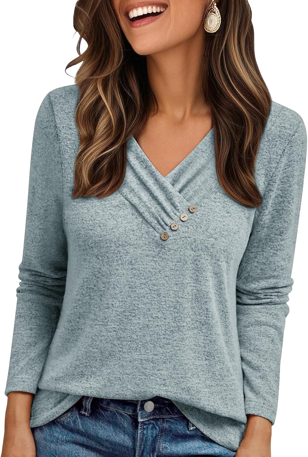 Thumbnail 6 de Cuptacc Damen Pullover Langarmshirt V-Ausschnitt Top mit Knopfleiste