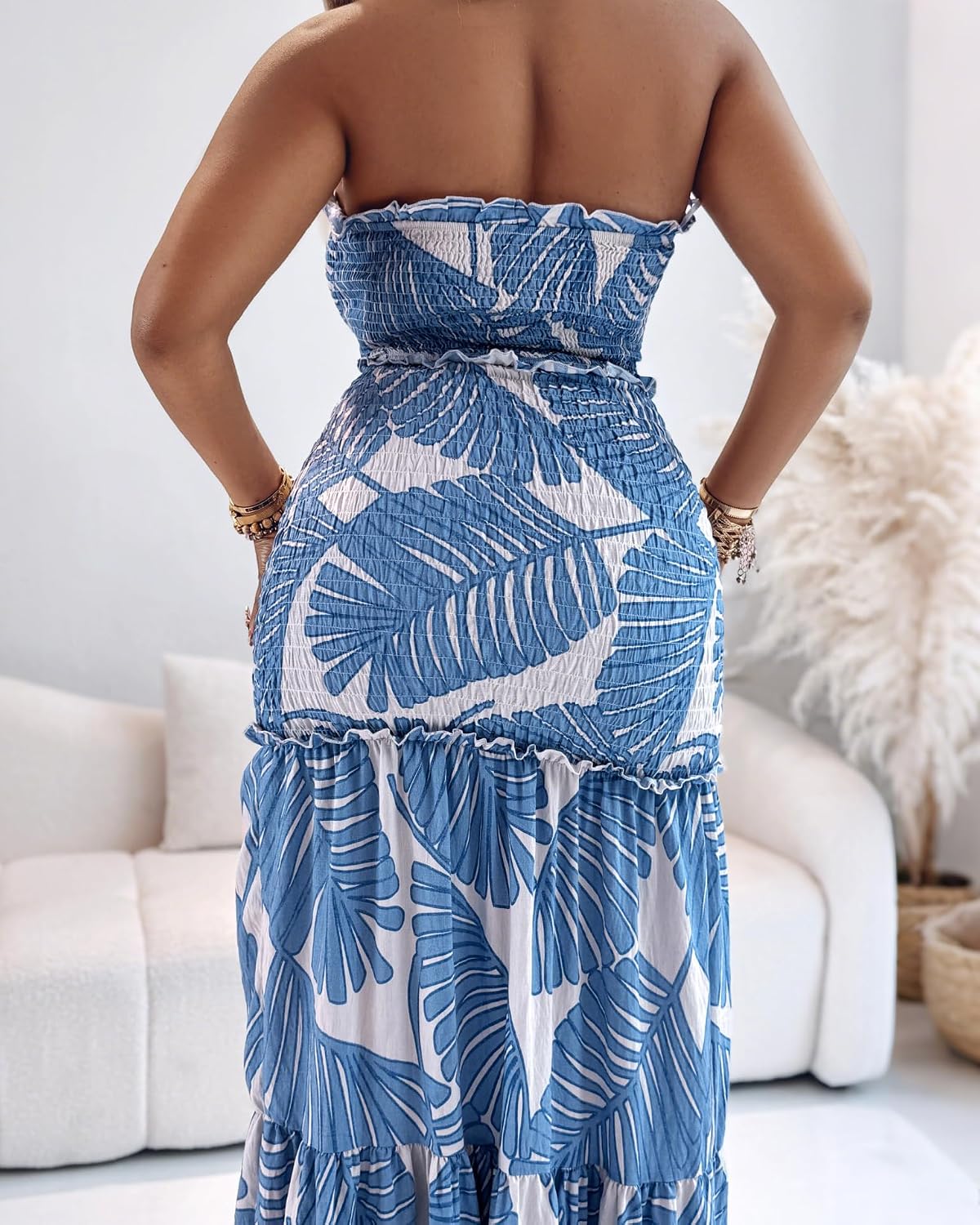 Detalle de CHICME Floral Printed Vacation Dress Halter Tie Ruched Shirred Bandeau Party Dress