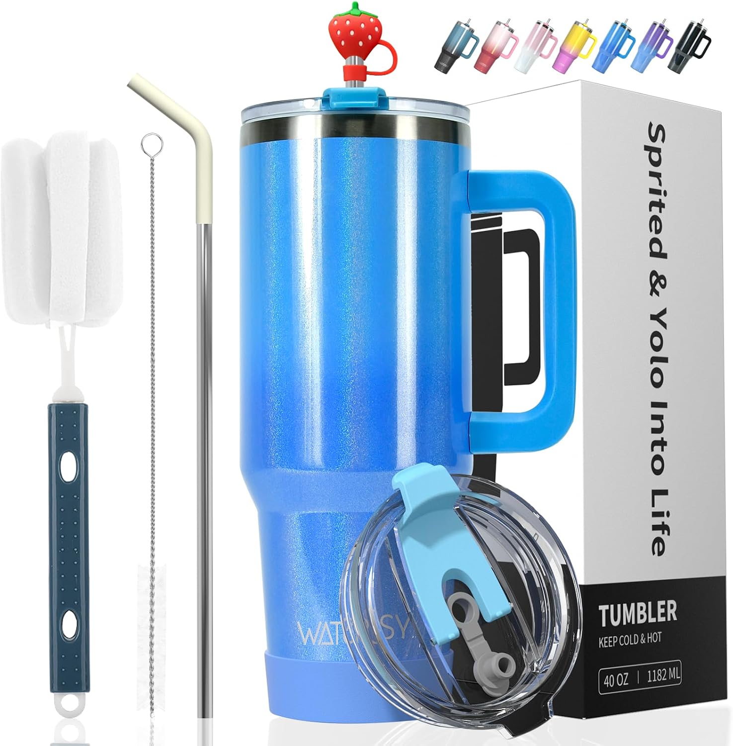 Detalle de WATERSY 40oz Tumbler with Straw and Lid – 1182ml Stainless Steel Vacuum Insulated Travel Mug (Blue)