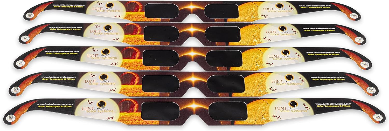 Detalle de Gafas de Eclipse Solar Homologadas Pack de 5 de Lunt Solar Systems (ISO 12312-2:2015) – Seguridad y comodidad para ver el eclipse