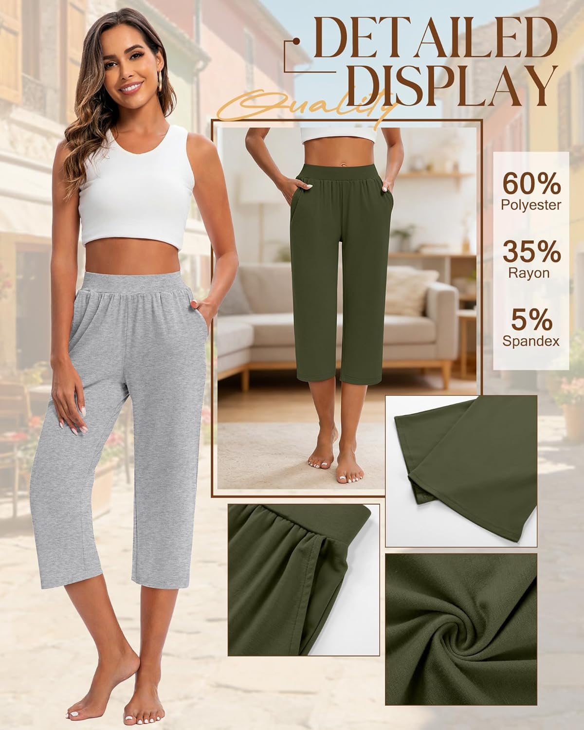 Detalle de Huukeay 3 Pack Women's Capri Sweatpants – Cozy Wide-Leg Cropped Capris with Pockets