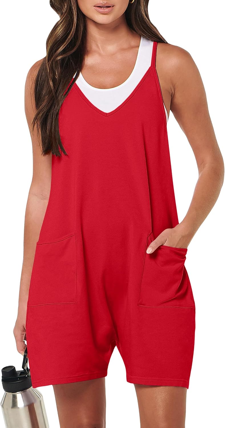 YGJIEGENG Womens Rompers: Summer Casual Loose Sleeveless Overalls with Pockets
