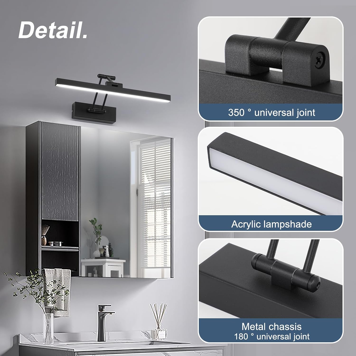 Detalle 2 de Pasoar LED Spiegellampe fürs Badezimmer 40 cm, drehbar & klappbar, IP44, 12 W, Cool White 5.500 K, schwarz