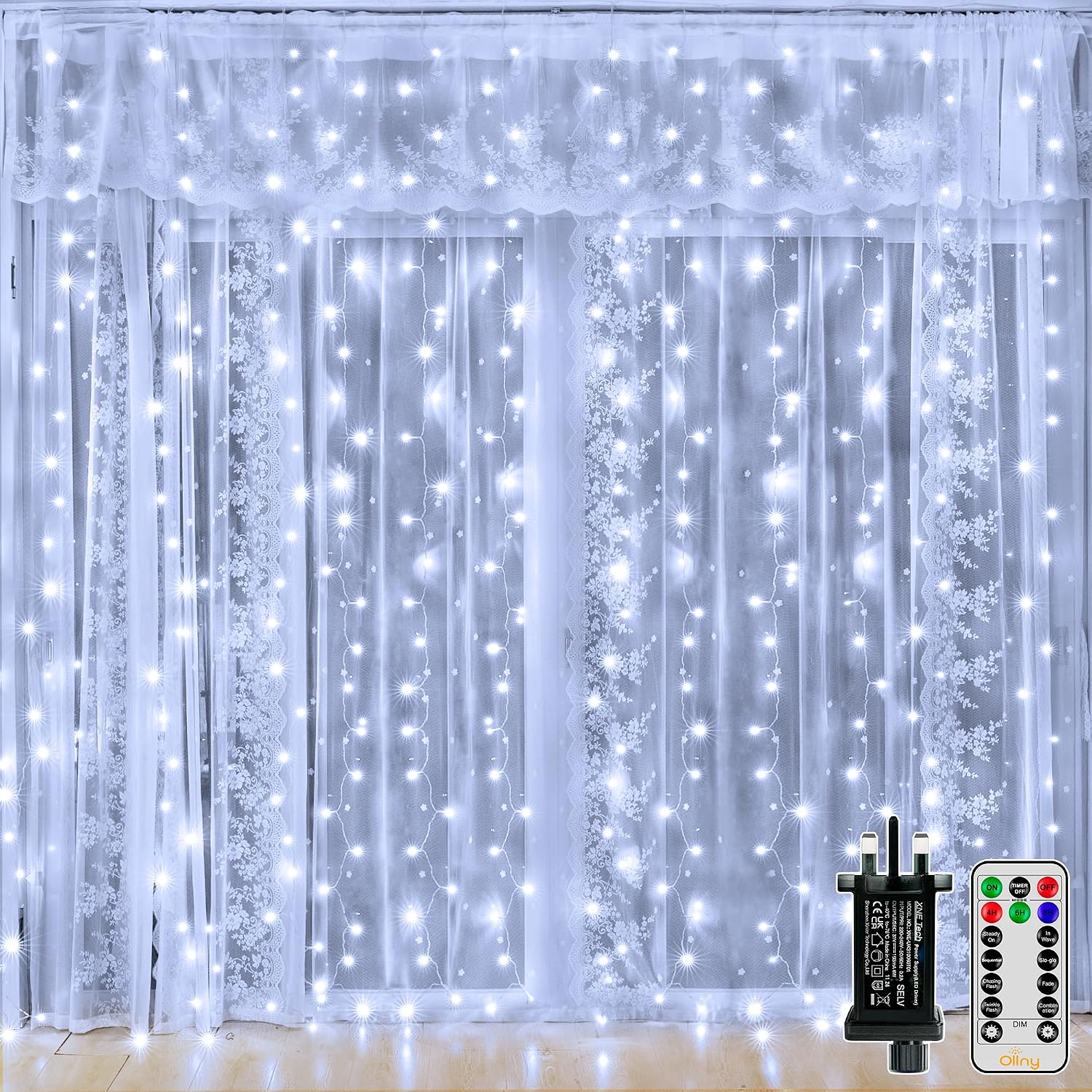 Detalle de Ollny Curtain Fairy Lights (300 LED, 3m x 3m waterfall) – mains powered with remote, timer & 8 modes