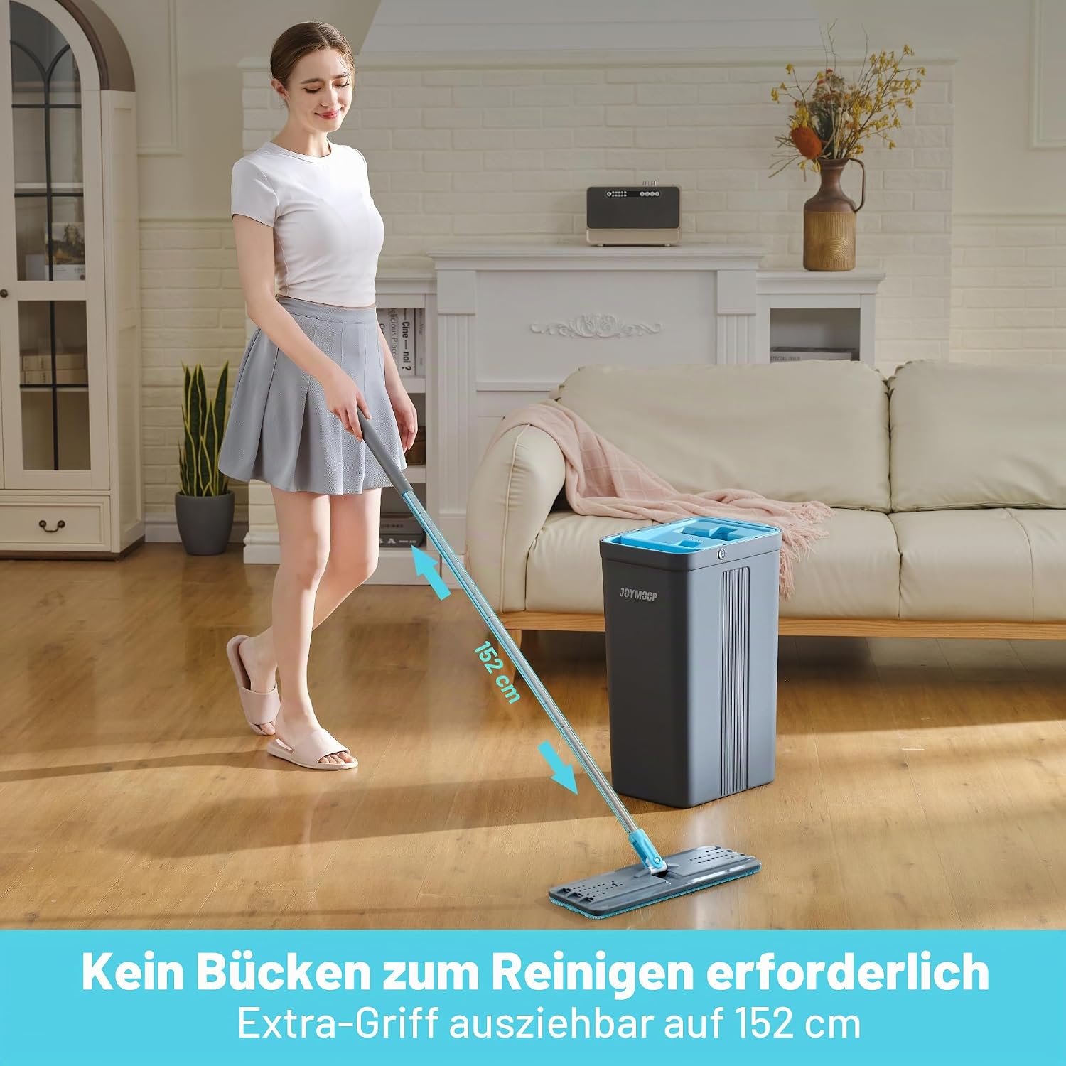 Detalle de JOYMOOP Wischmopp-Set mit Auswringer – Eimer, 360°-Wischkopf, ausziehbarer Griff & 6 Mikrofaser-Pads (Grau/Cyan)