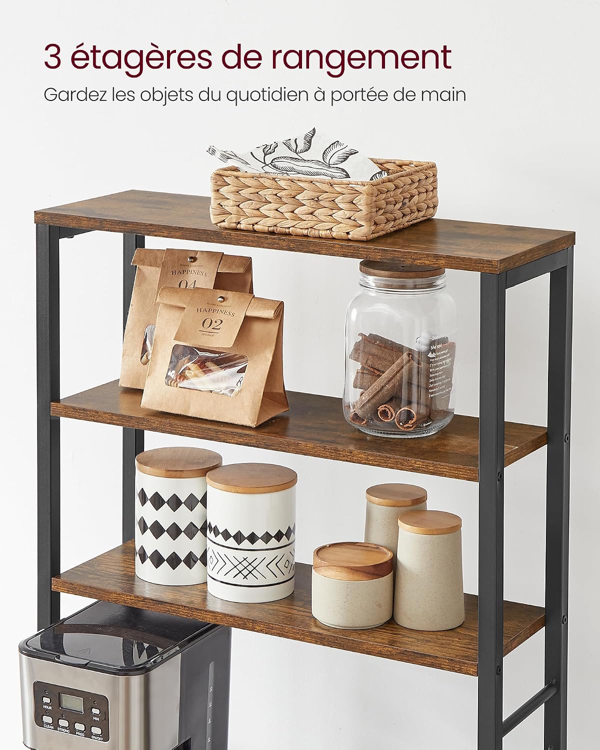 Detalle 2 de VASAGLE KKS024B01 keukenrek met 6 legplanken en 6 haken, staal en spaanplaat