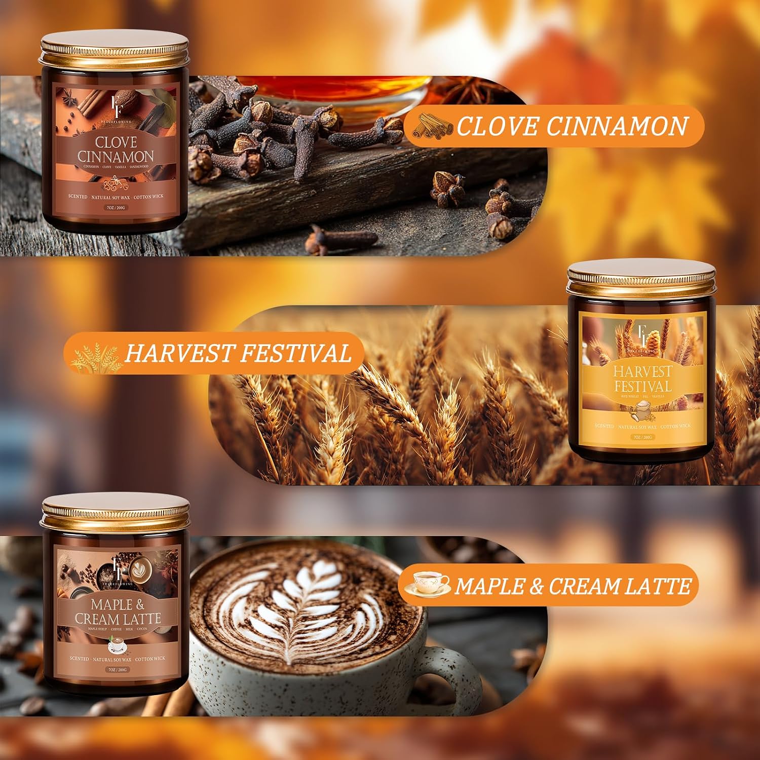 Thumbnail 3 de FF FRAGRFLOWING 006-9 Fall Soy Wax Candle Set, 6 Autumn Scents in Glass Jars